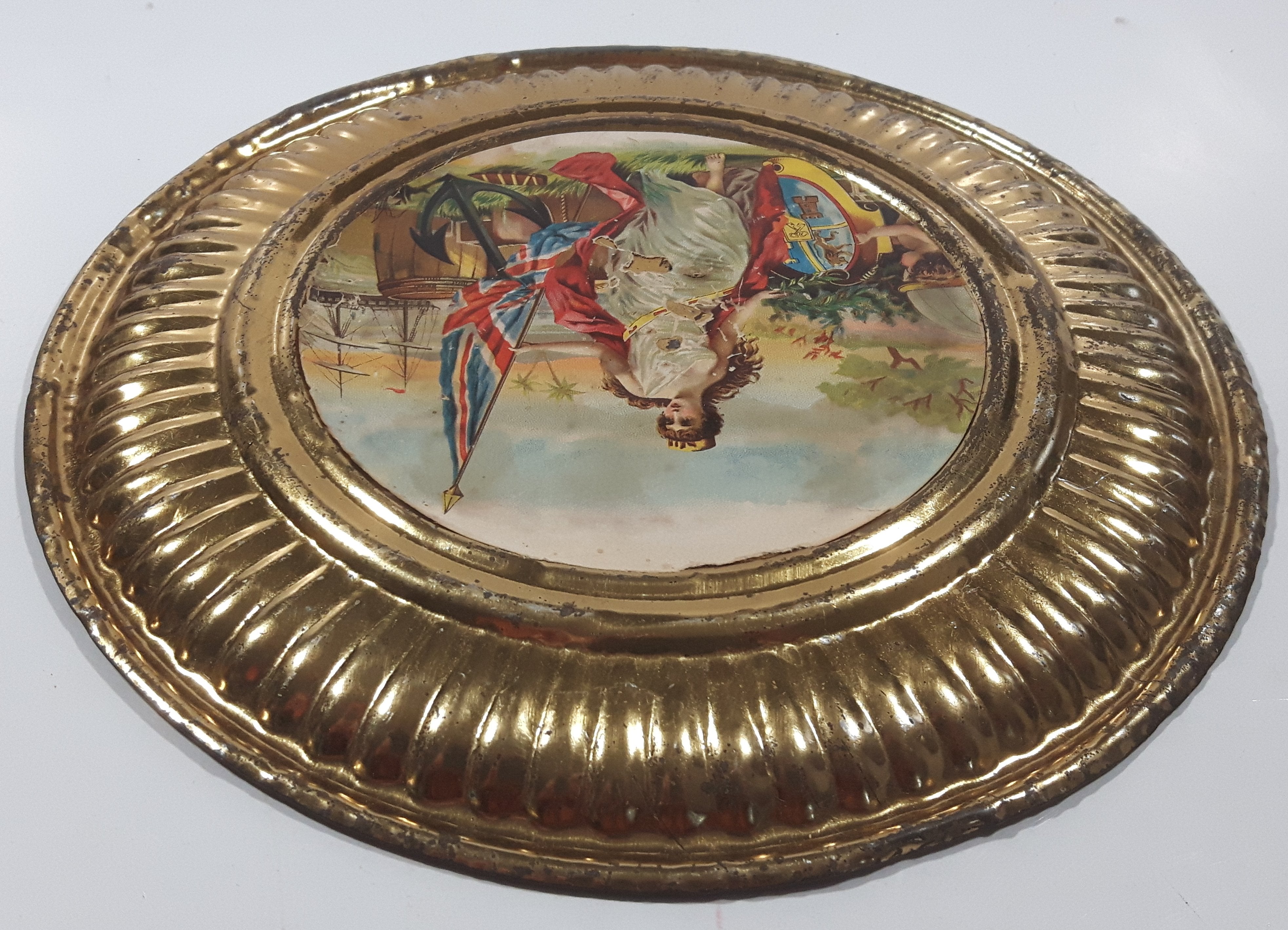 Vintage Queen Victoria Anchor Naval Beach Scene 8 1/8" Brass Toned Metal Plate 5