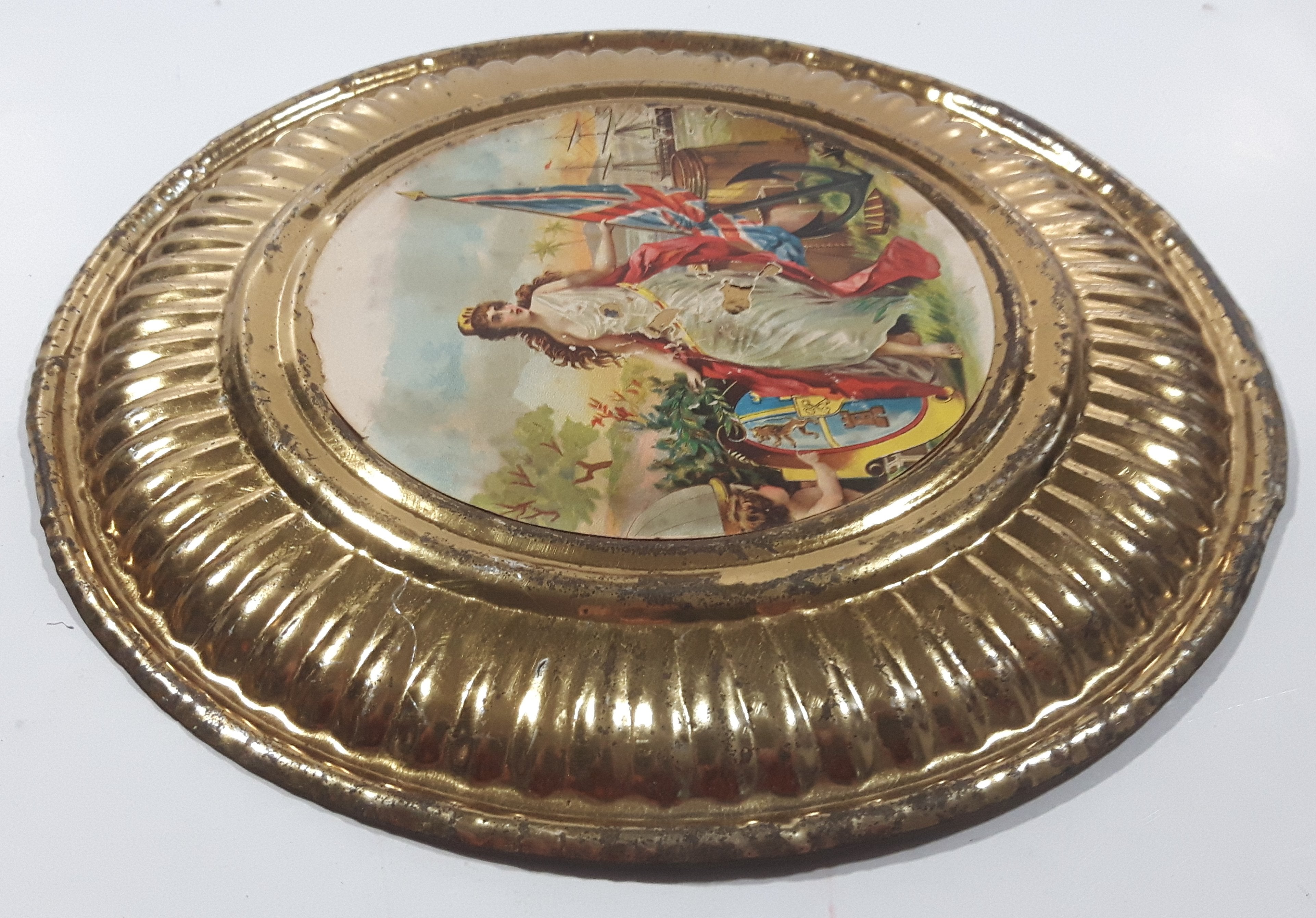 Vintage Queen Victoria Anchor Naval Beach Scene 8 1/8" Brass Toned Metal Plate 6