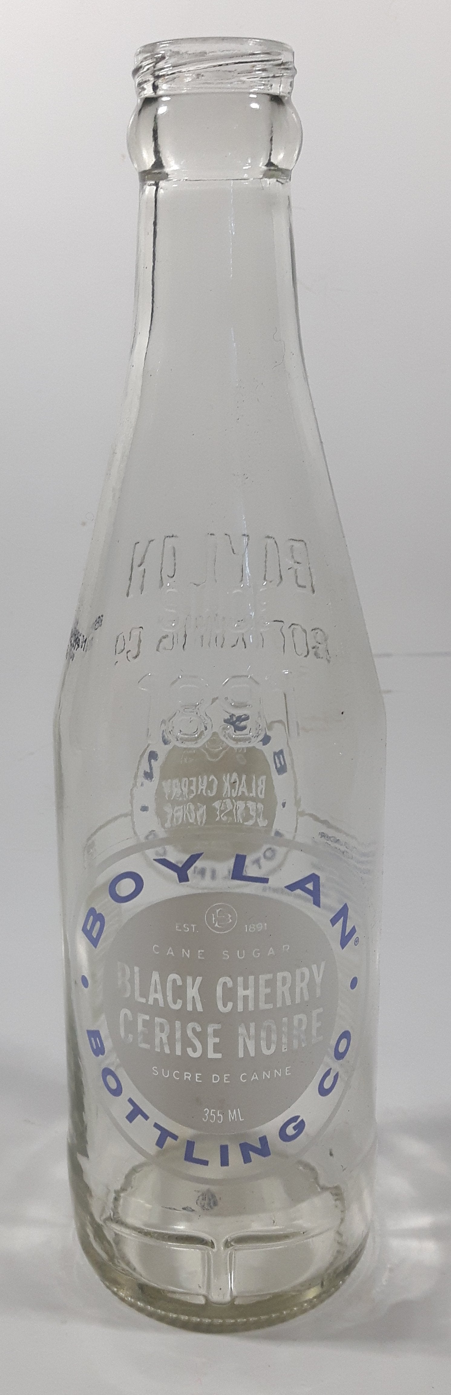 Boylan Black Cherry 9" Tall 355mL Embossed Clear Glass Soda Pop Bottle
