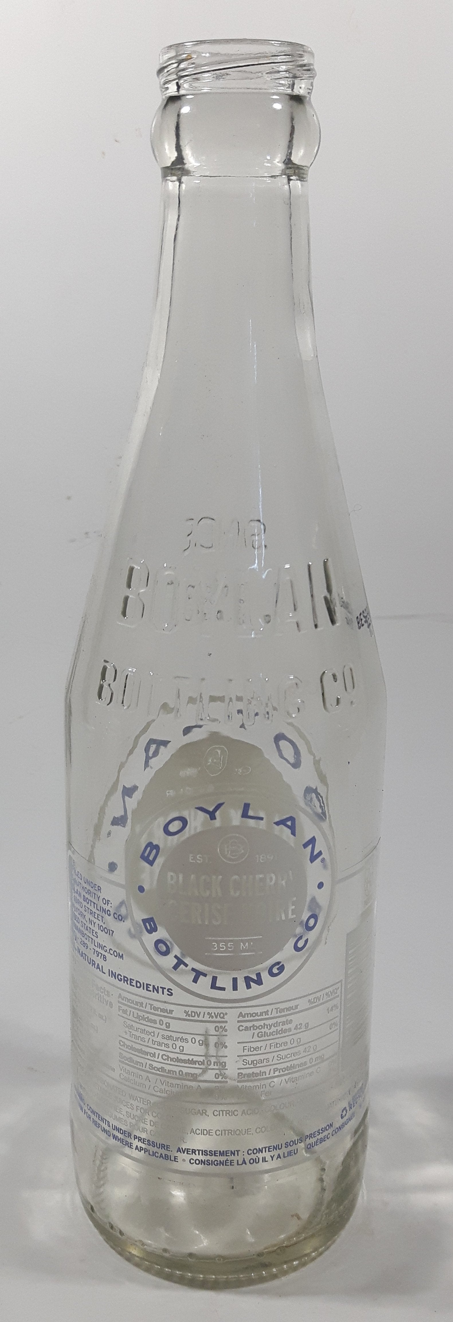 Boylan Black Cherry 9" Tall 355mL Embossed Clear Glass Soda Pop Bottle 3