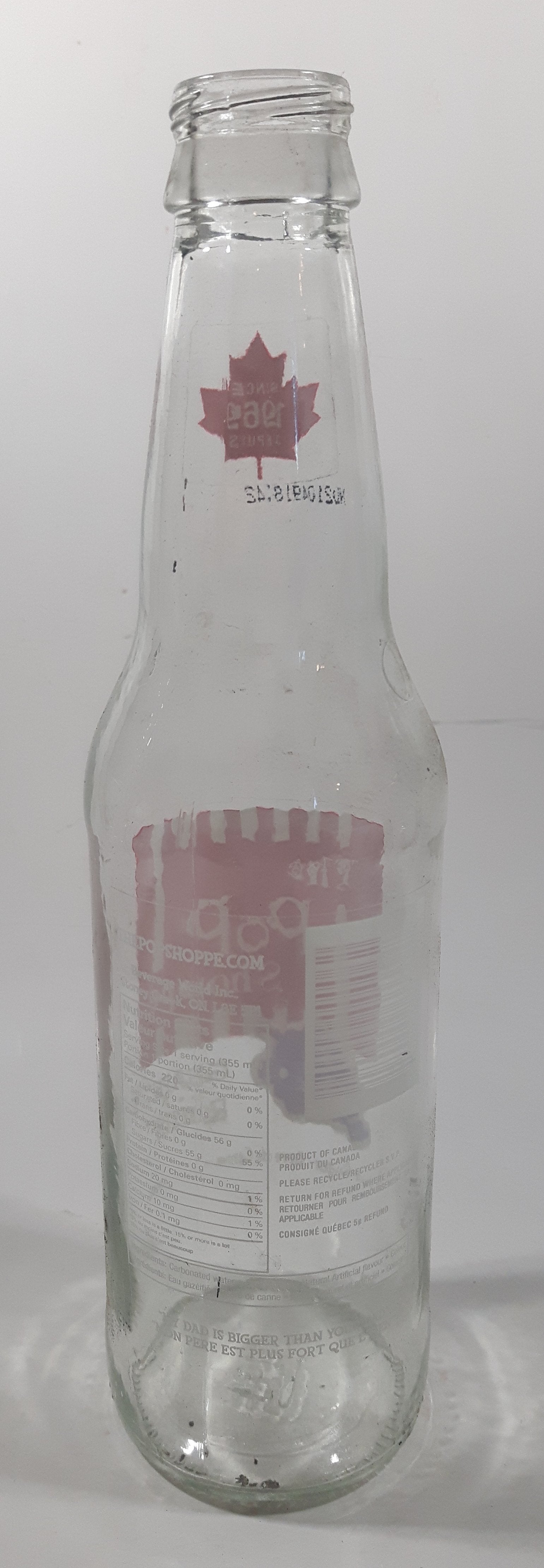 The Pop Shoppe Grape 9" Tall 355mL Clear Glass Soda Pop Bottle 3