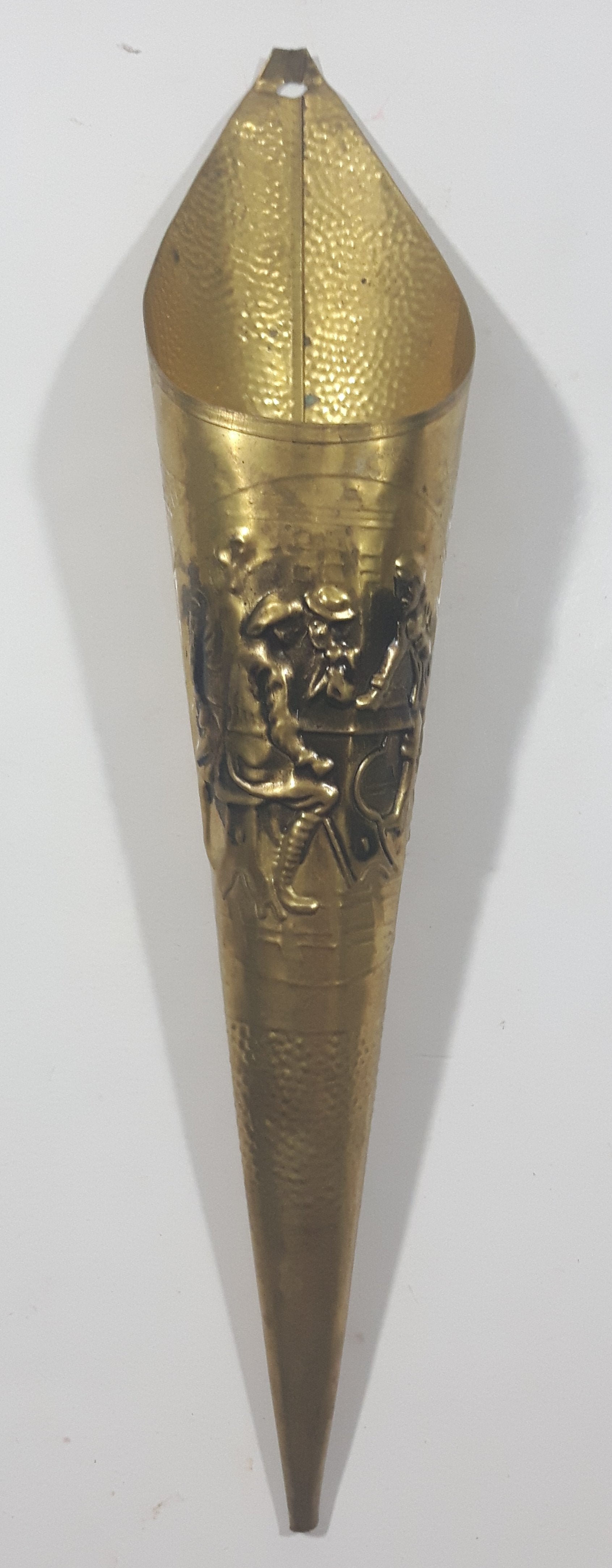 Vintage Hammered Brass 11" Long Cone Shaped Fireplace Match Holder