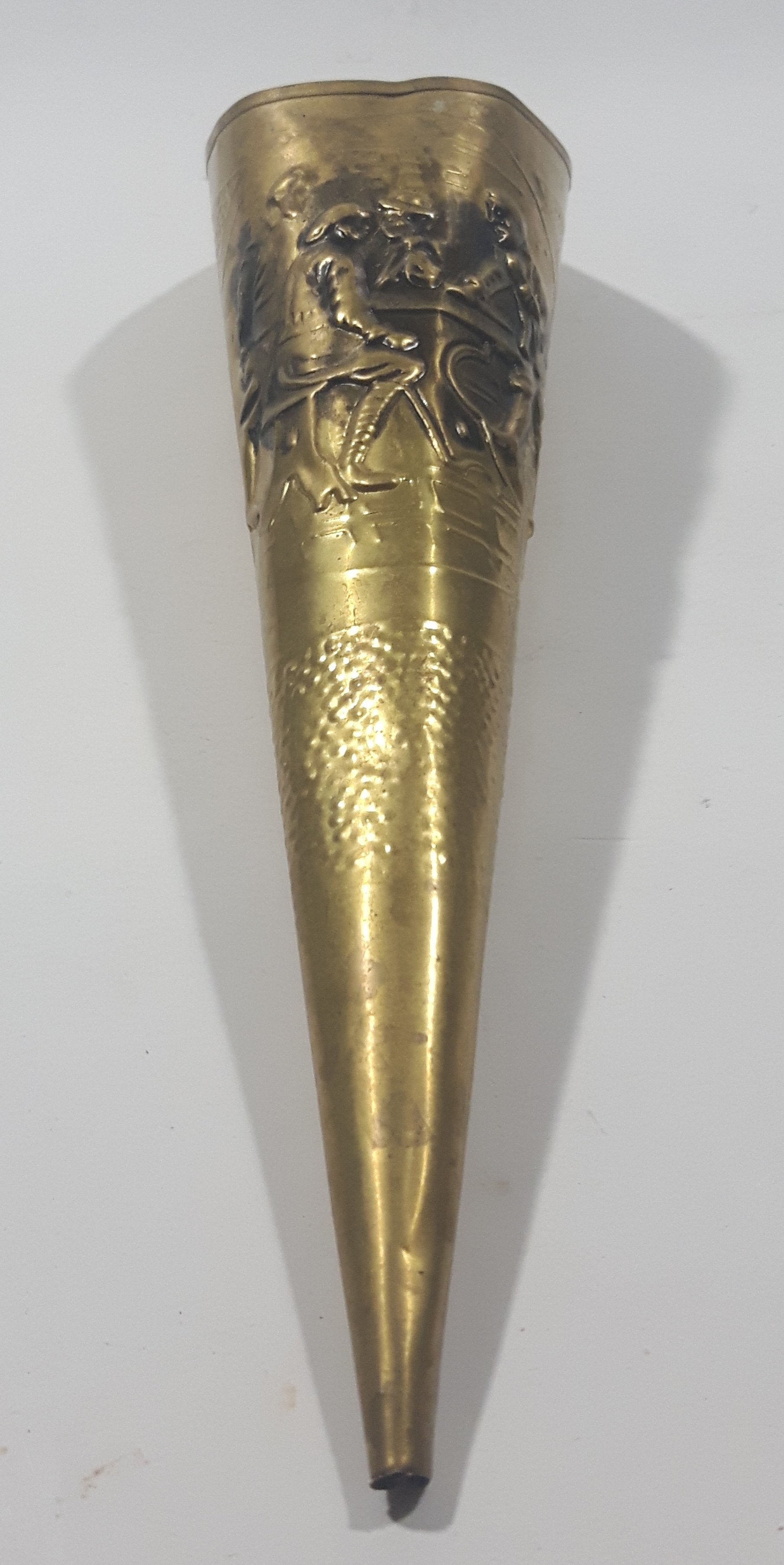 Vintage Hammered Brass 11" Long Cone Shaped Fireplace Match Holder 2
