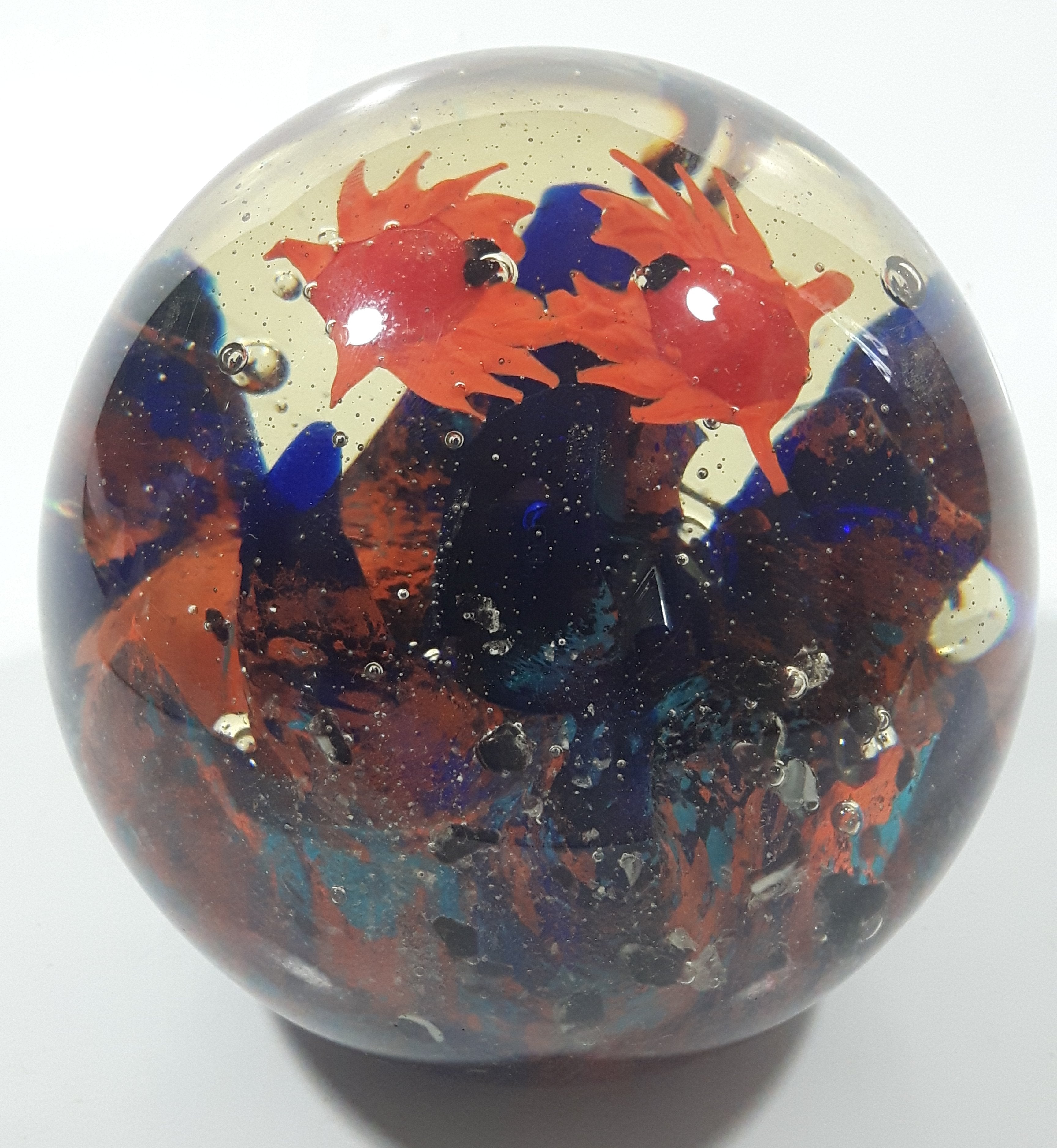 Vintage Murano Style Cobalt Blue Coral and Orange Crabs 5 1/2" Wide Heavy Art Glass Paperweight Ornament