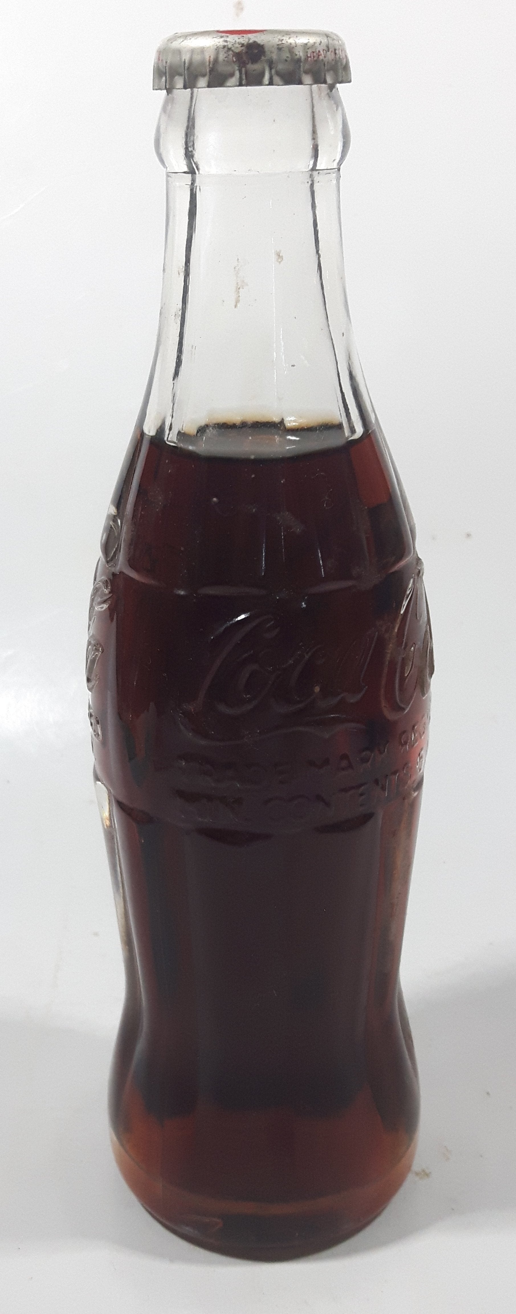 Vintage Coca-Cola 7 3/4" Tall 6oz Embossed Clear Glass Soda Pop Bottle Full Unopened 9