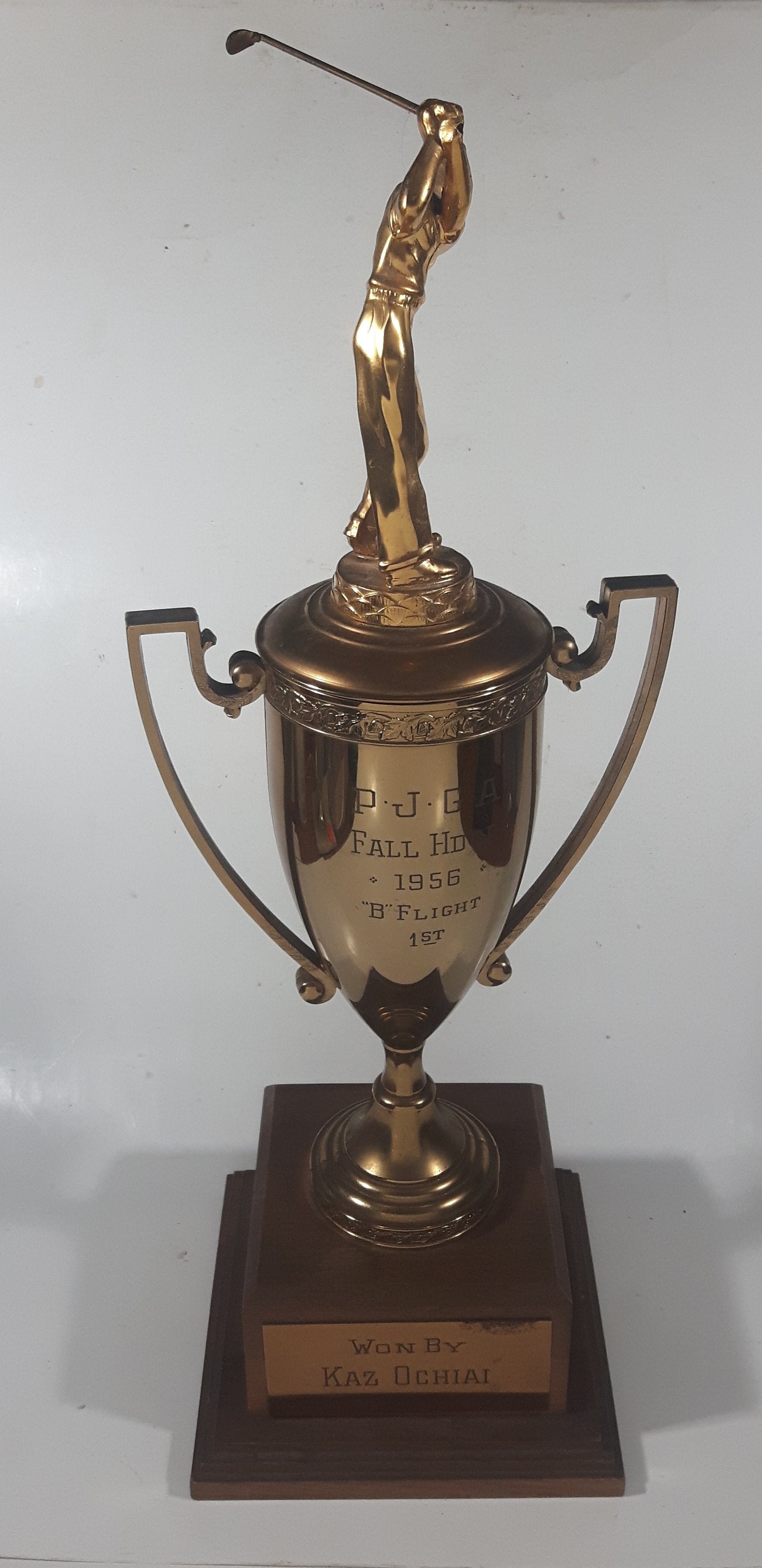 Vintage 1956 P.J.G.A. Fall HDCP "B" Flight 1st Won By Kaz Ochian 17 3/4" Tall Brass Golf Trophy with Wood Base