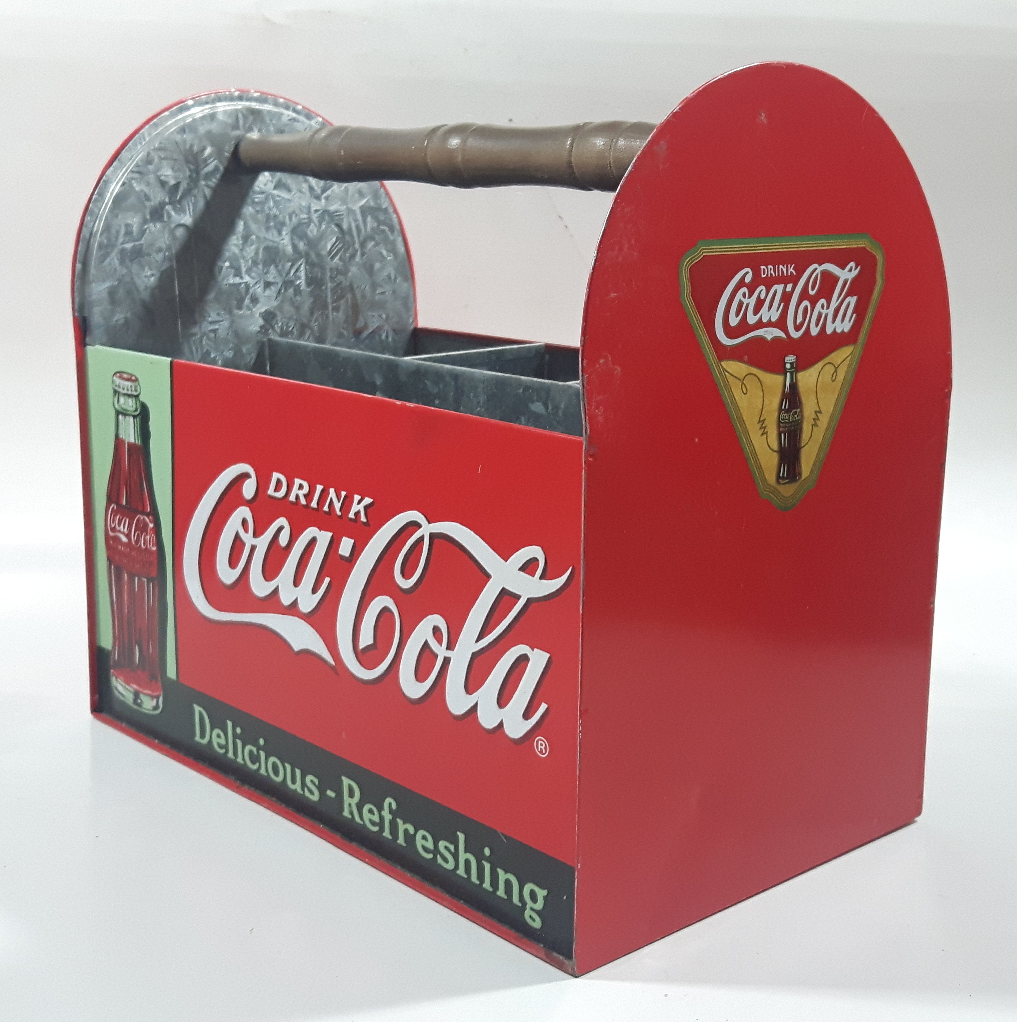 Drink Coca Cola Delicious Refreshing Galvanized Metal Drink Carrying Case with Wood Handle 2