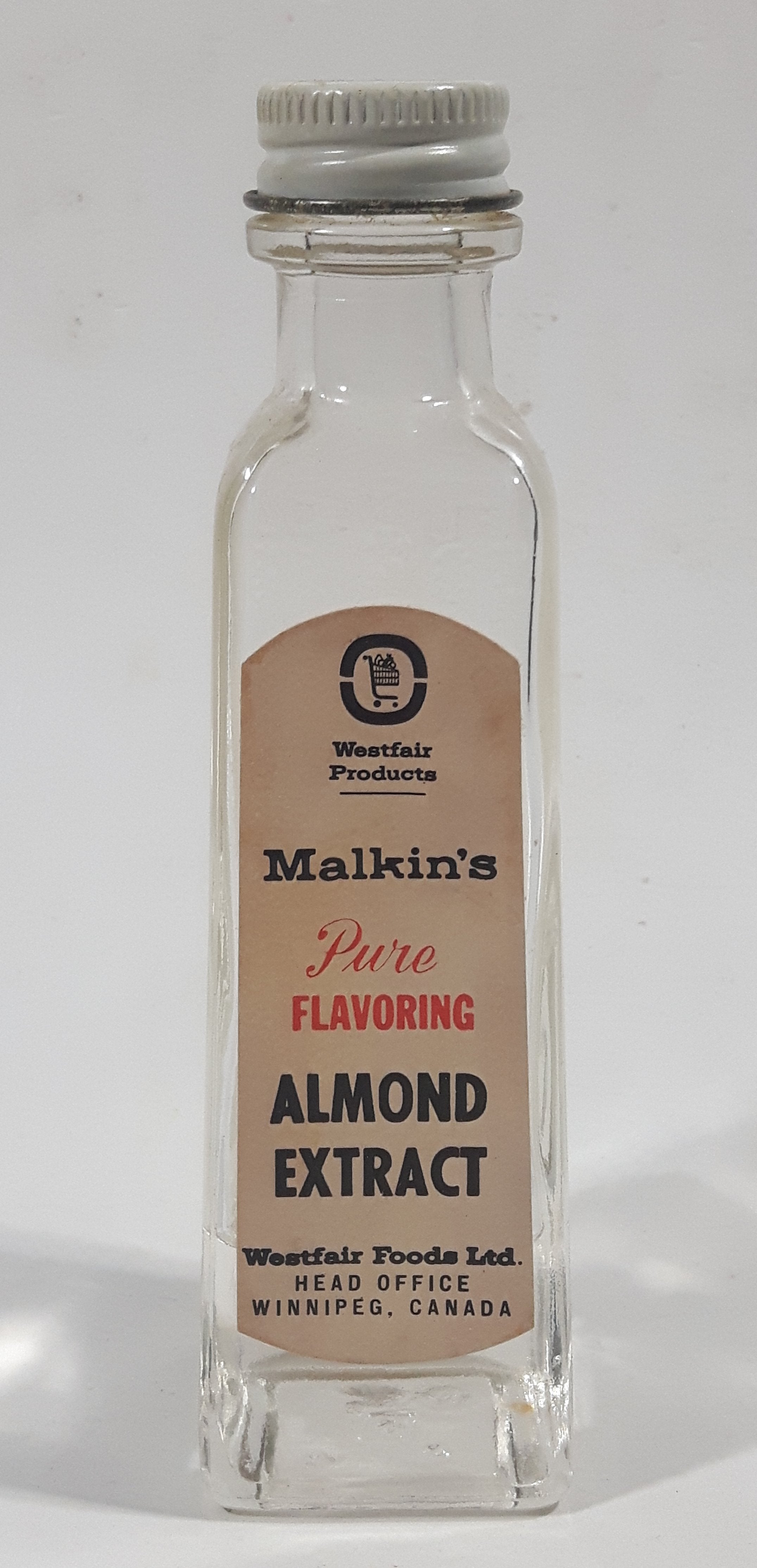 Vintage Westfair Products Malkin's Pure Flavoring Almond Extract Bottle from Westfair Foods Ltd. Winnipeg Canada