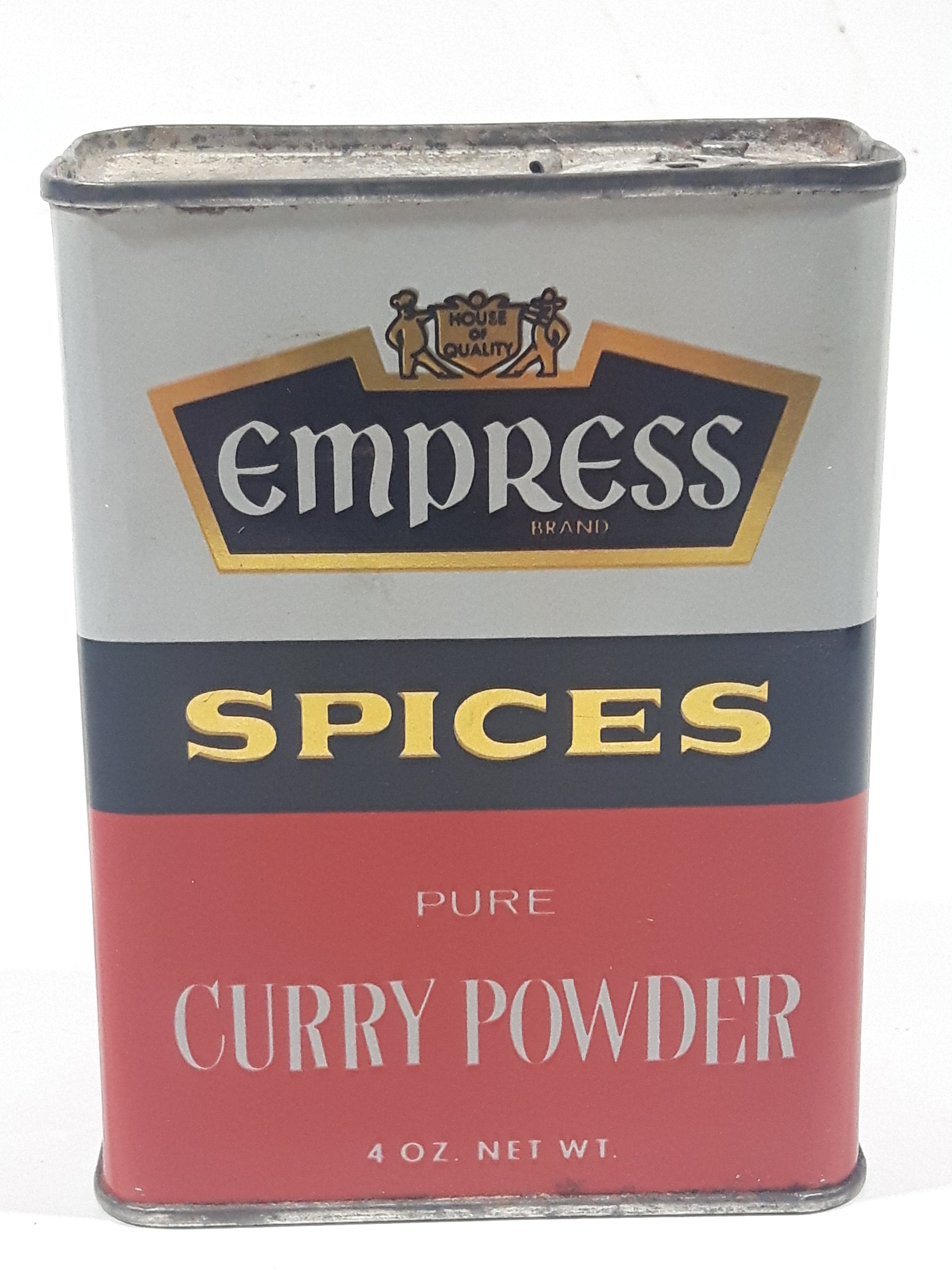 Vintage Empress Spices Pure Curry Powder 4 Oz Net Wt 3 3/4" Tall Tin Metal Container 1/4 Full 3