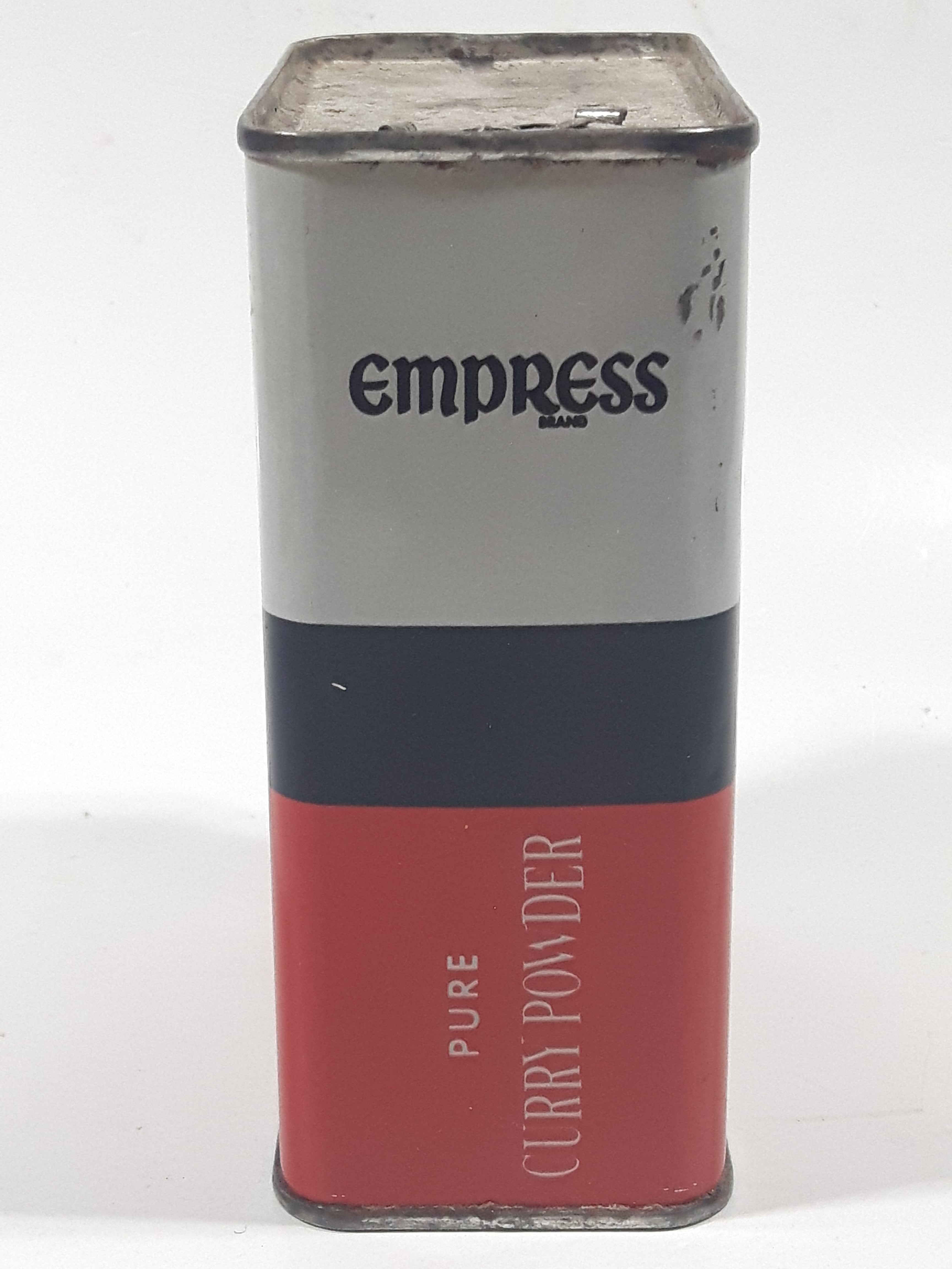 Vintage Empress Spices Pure Curry Powder 4 Oz Net Wt 3 3/4" Tall Tin Metal Container 1/4 Full 4