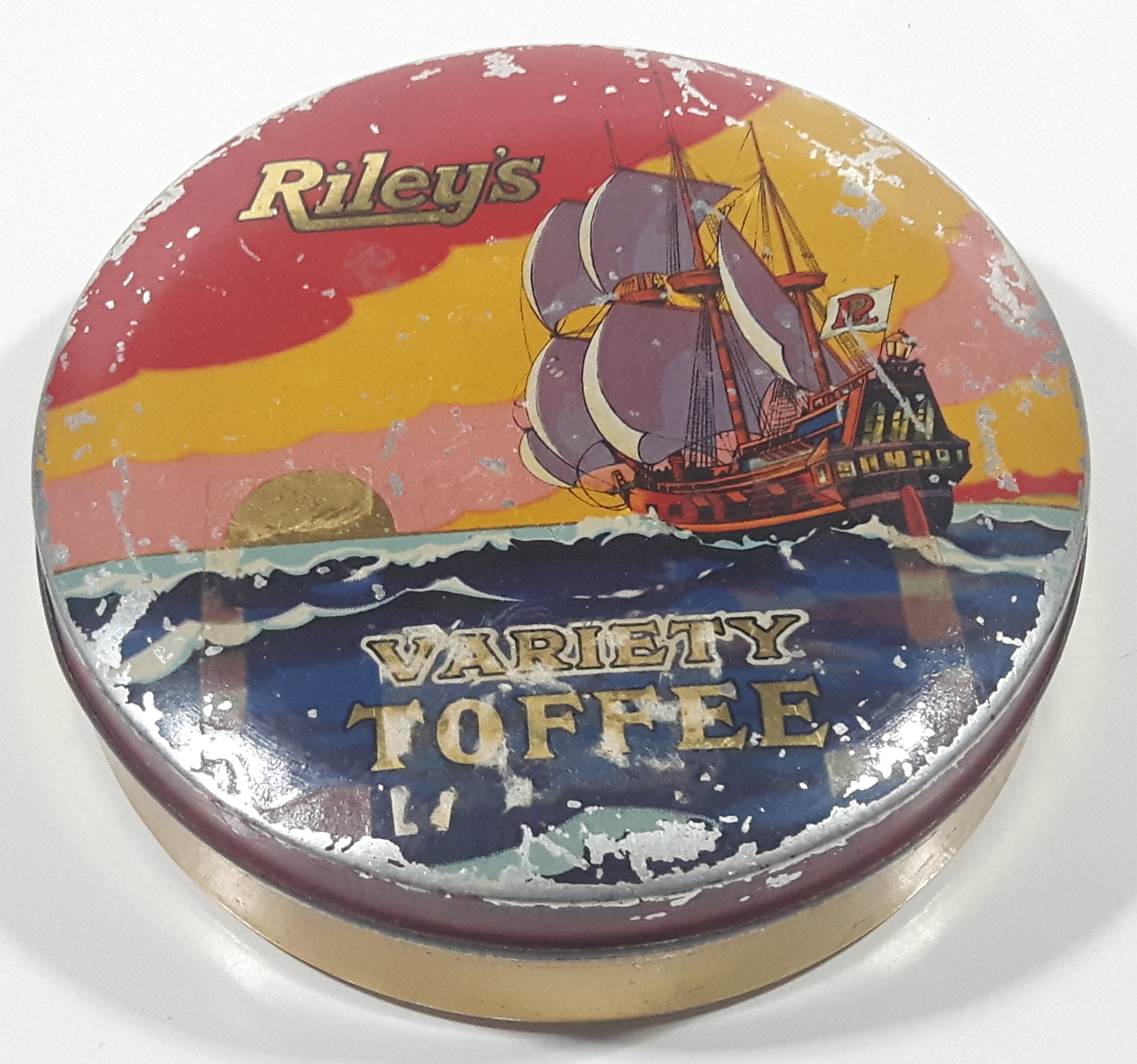 Vintage 1950s Riley's Variety Toffee Galleon Ship Boat Themed 5" Round Tin Metal Container 2