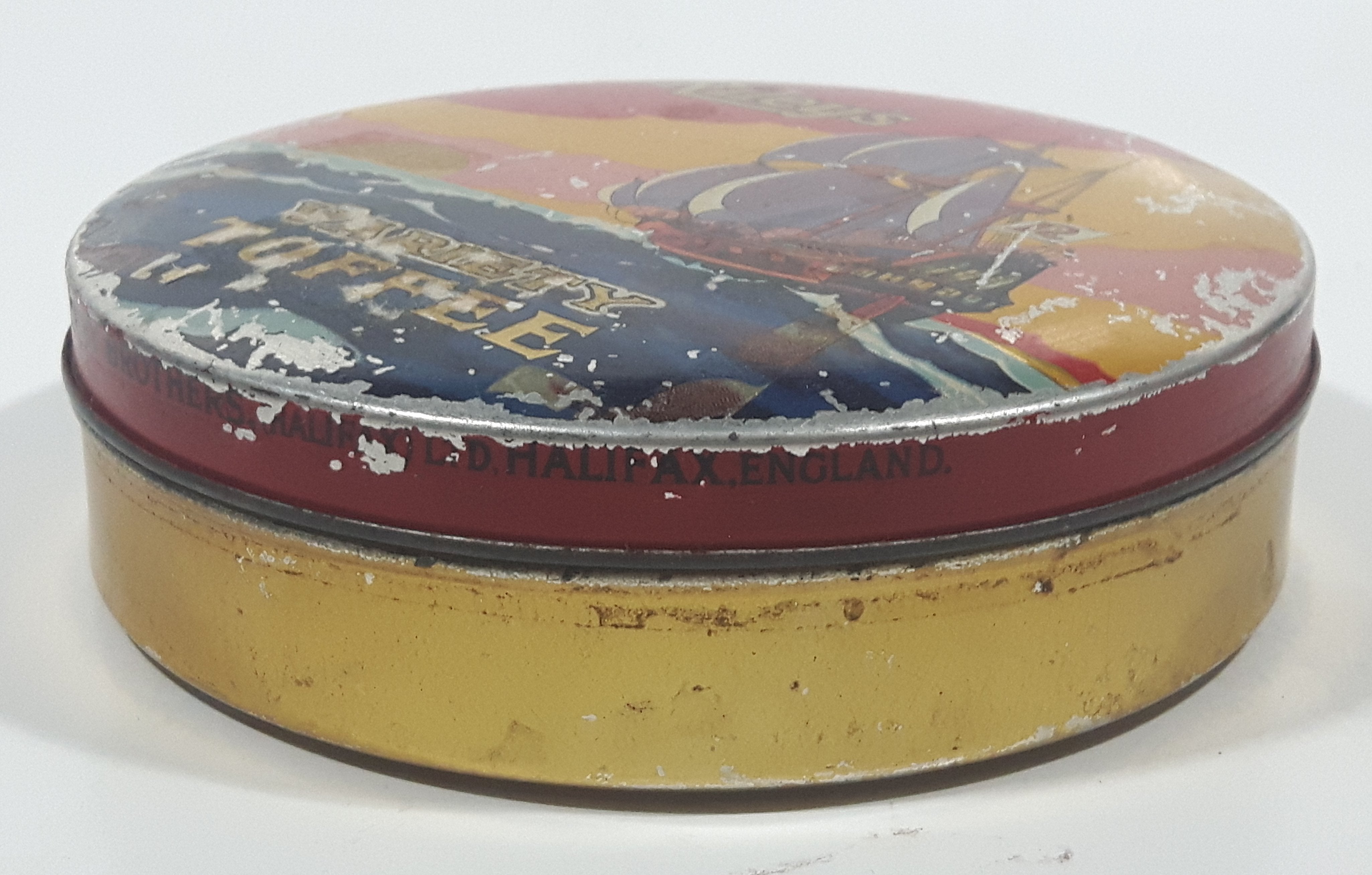 Vintage 1950s Riley's Variety Toffee Galleon Ship Boat Themed 5" Round Tin Metal Container 4