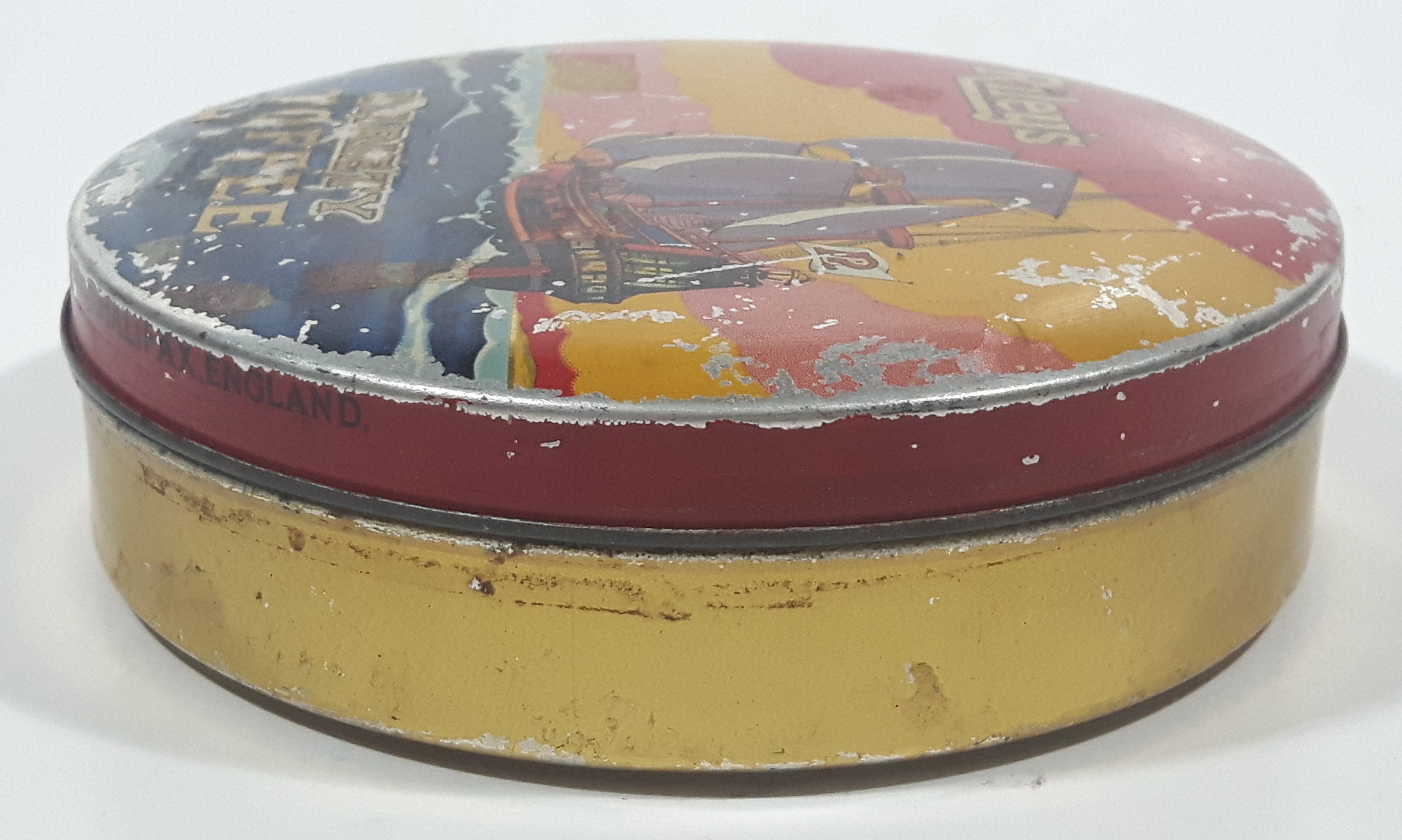 Vintage 1950s Riley's Variety Toffee Galleon Ship Boat Themed 5" Round Tin Metal Container 5