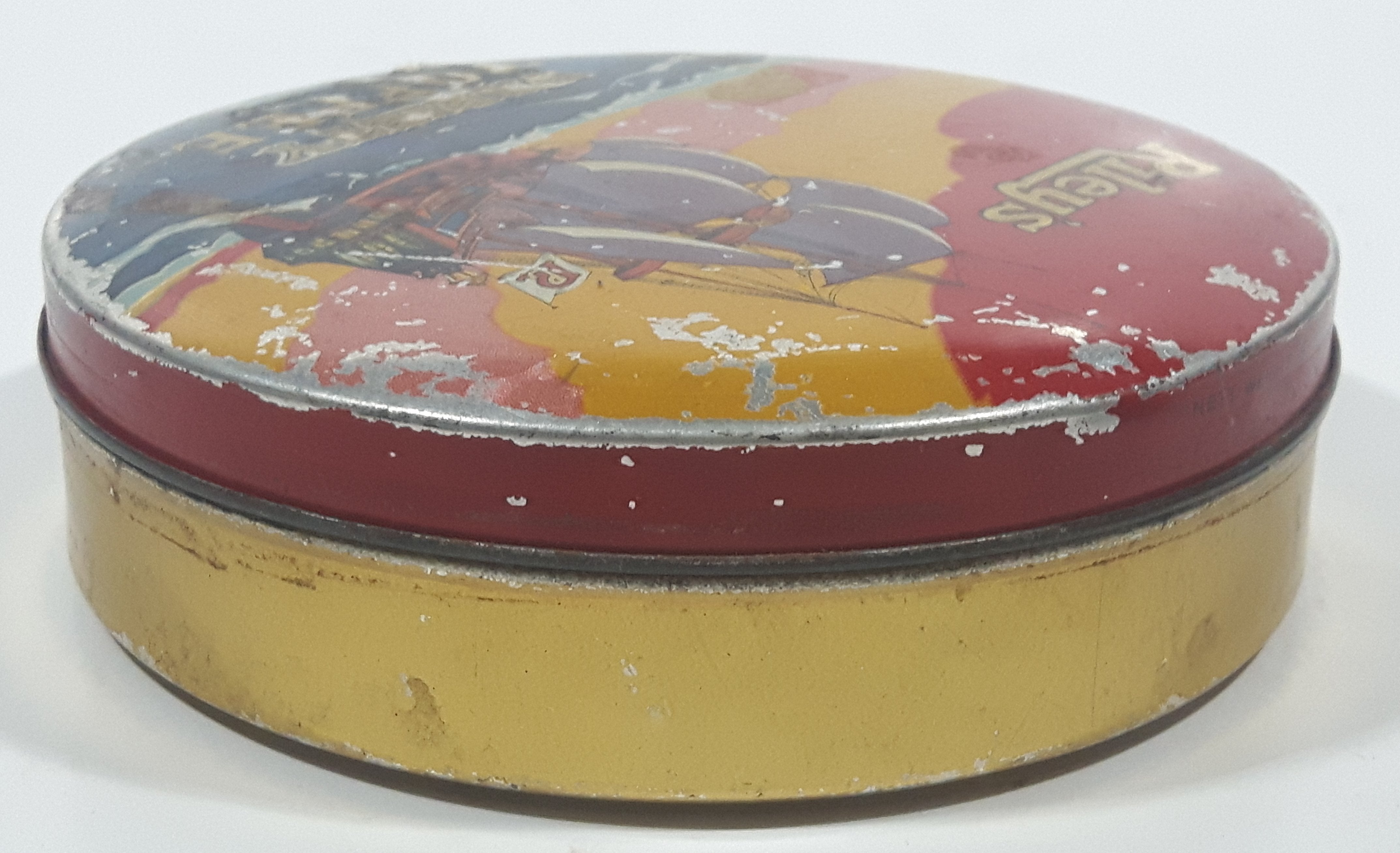 Vintage 1950s Riley's Variety Toffee Galleon Ship Boat Themed 5" Round Tin Metal Container 6