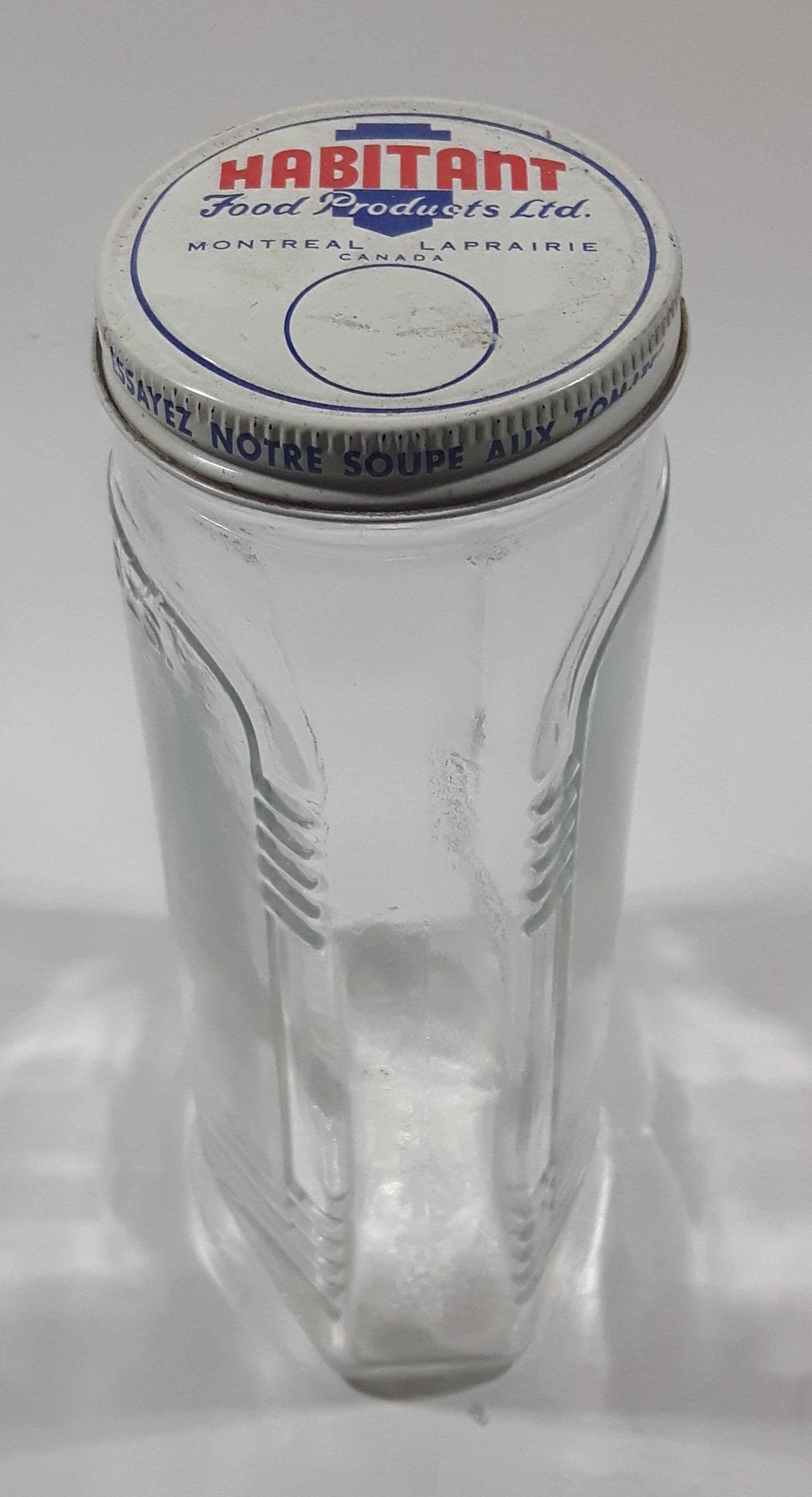 Rare Vintage Habitant Food Products Ltd Montre Laprairie Canada Tomato Soup 6 1/4" Tall 16 Fl Oz Embossed Glass Jar with Lid