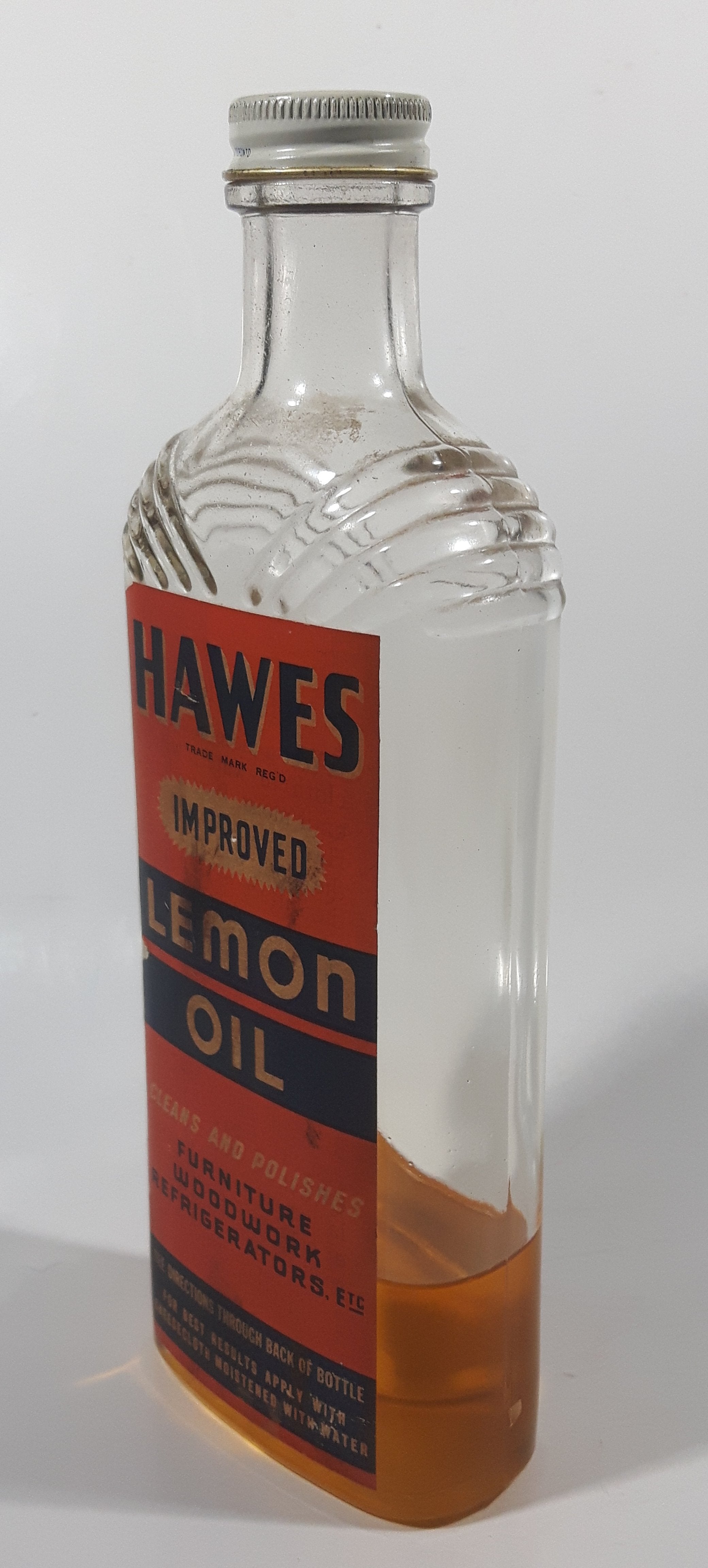 Antique 1930s Hawes Improved Lemon Oil Cleans And Polishes Furniture Woodwork Refrigerators etc 8 5/8" Tall Glass Bottle 2