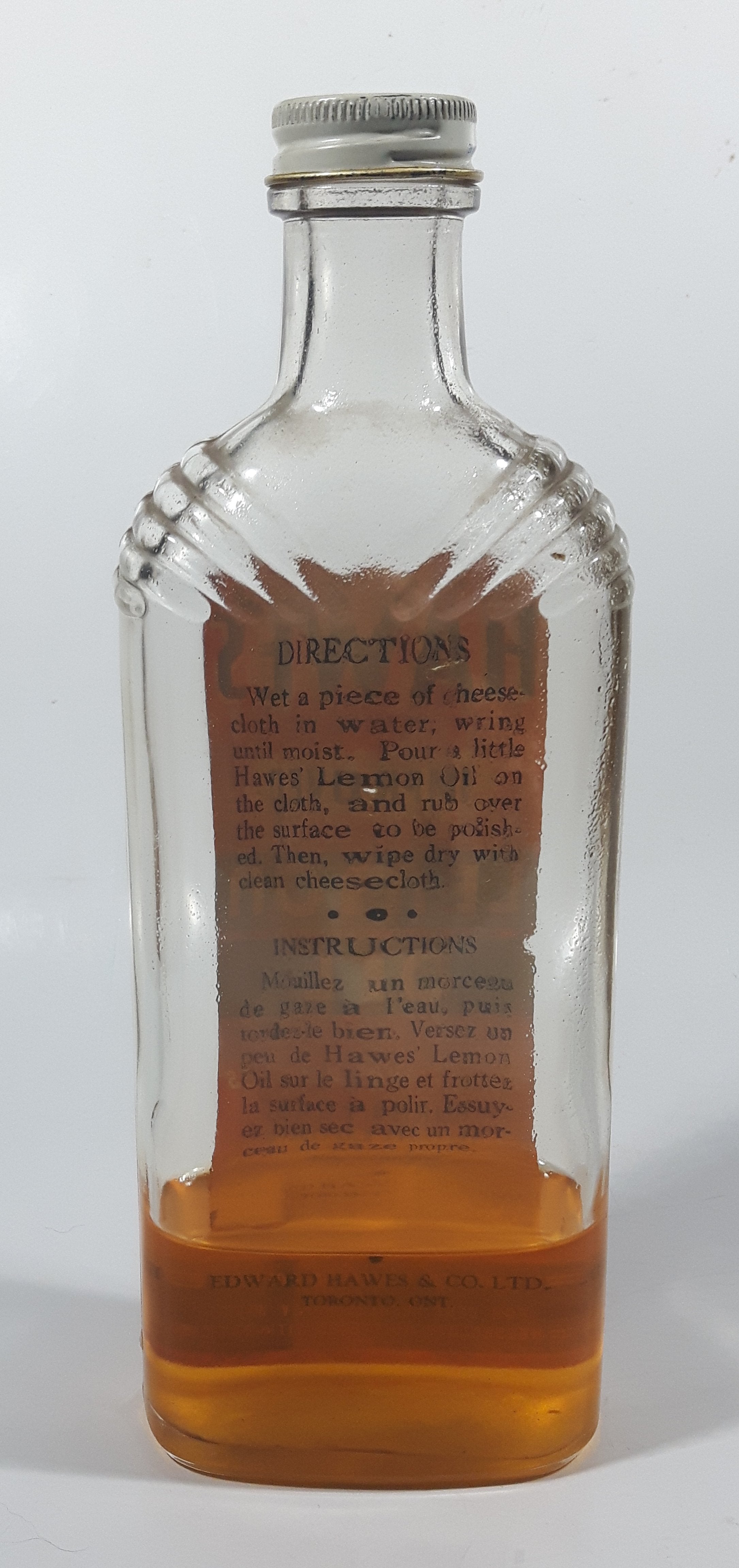Antique 1930s Hawes Improved Lemon Oil Cleans And Polishes Furniture Woodwork Refrigerators etc 8 5/8" Tall Glass Bottle 5