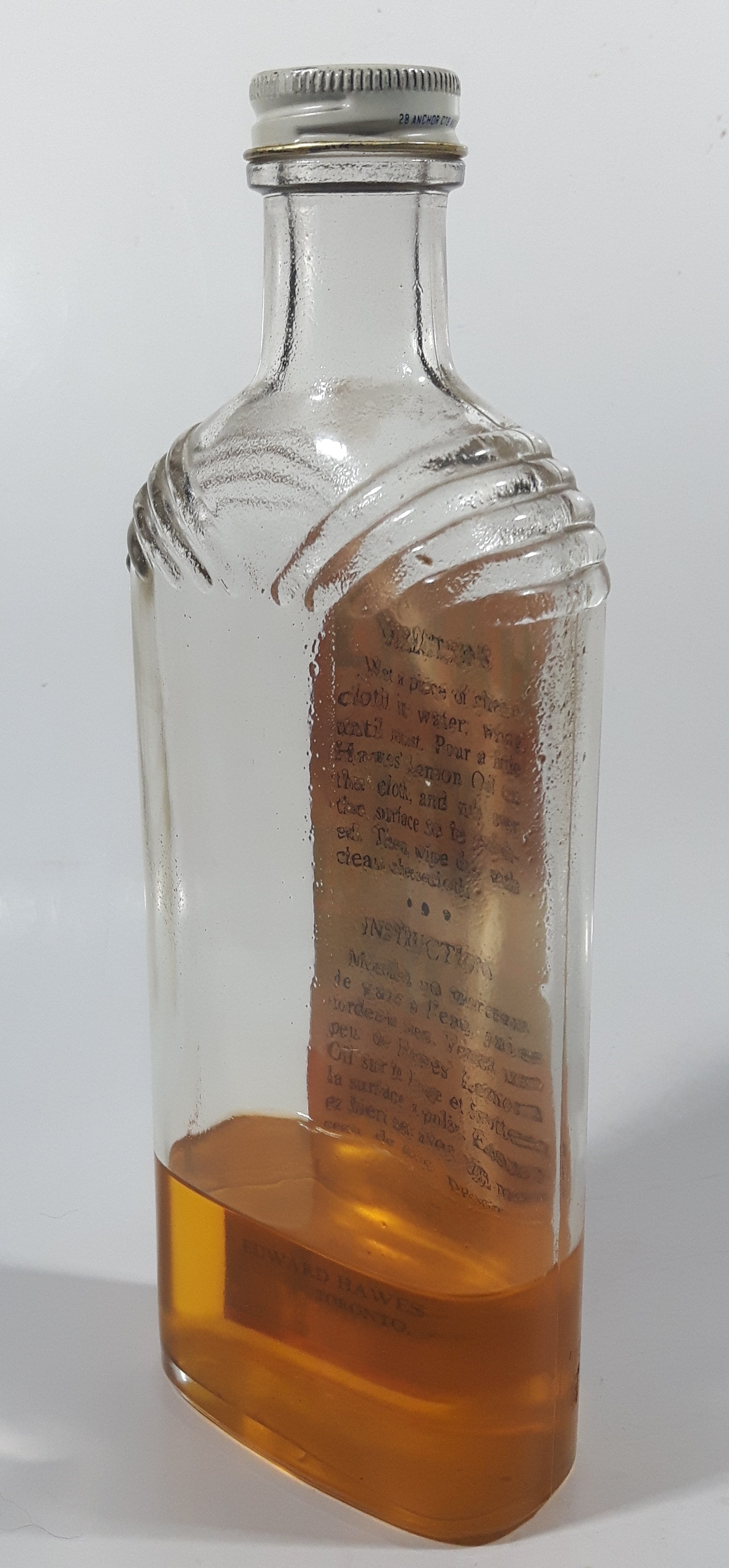 Antique 1930s Hawes Improved Lemon Oil Cleans And Polishes Furniture Woodwork Refrigerators etc 8 5/8" Tall Glass Bottle 6
