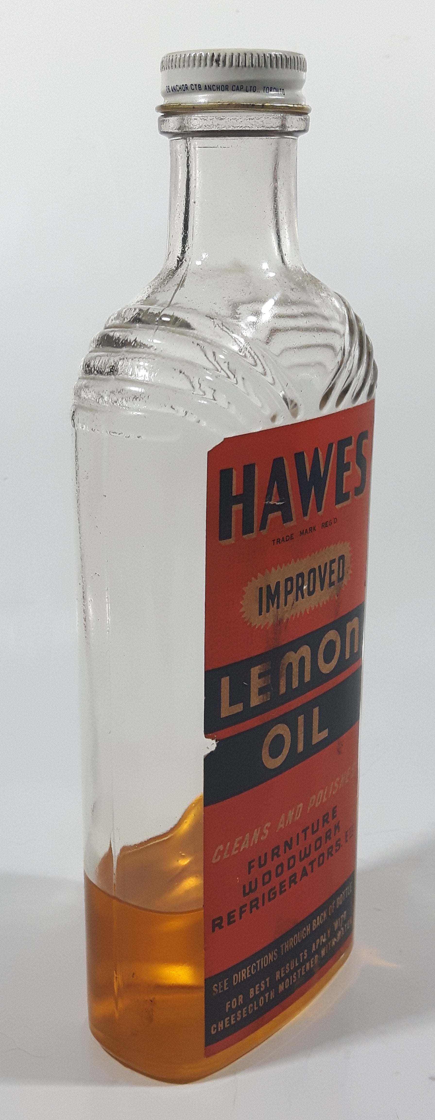 Antique 1930s Hawes Improved Lemon Oil Cleans And Polishes Furniture Woodwork Refrigerators etc 8 5/8" Tall Glass Bottle 8