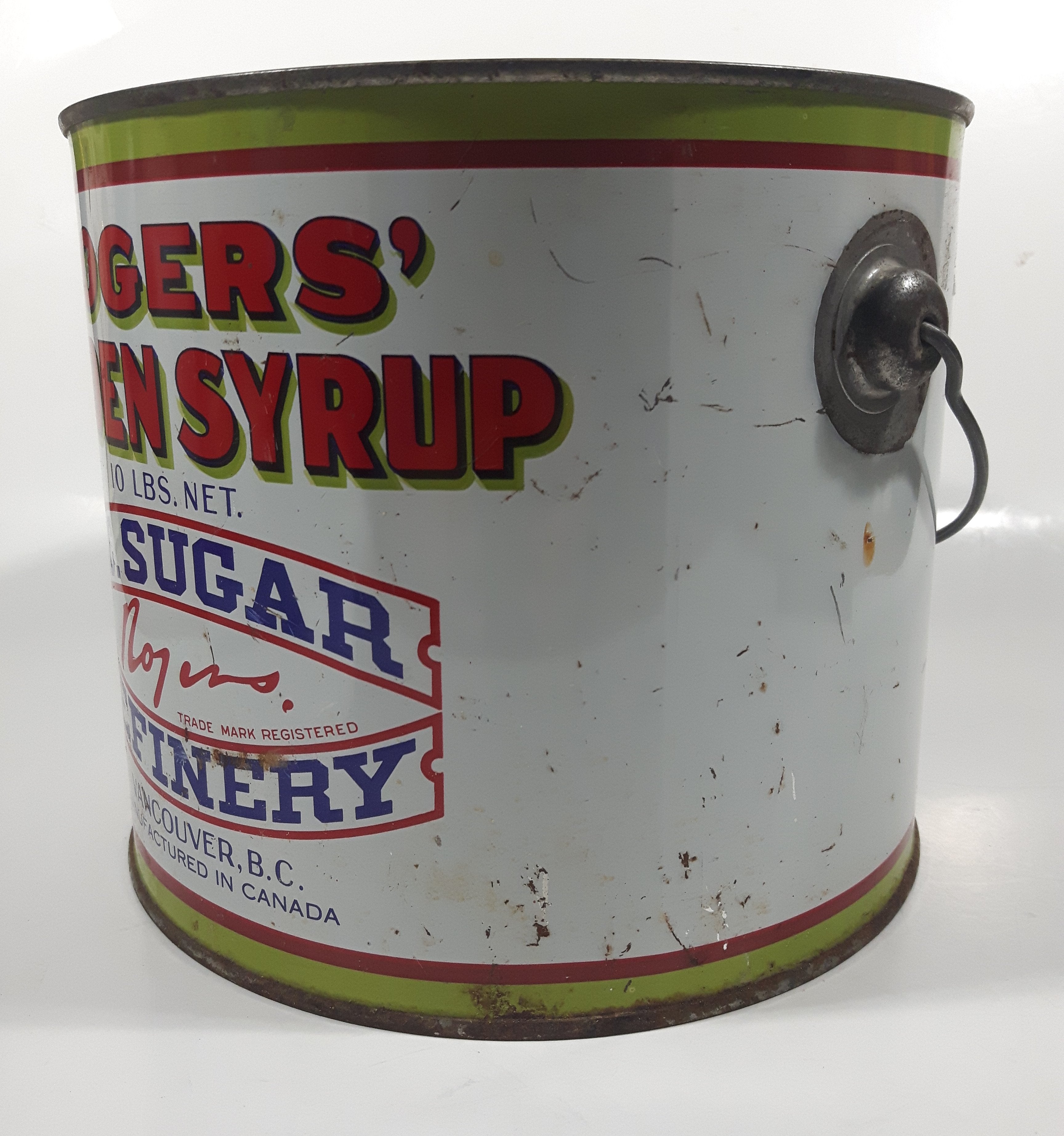 Vintage Rogers Syrup Golden Sugar Vancouver, B.C. Sugar Refinery 10lb Tin Metal Can Pail 3