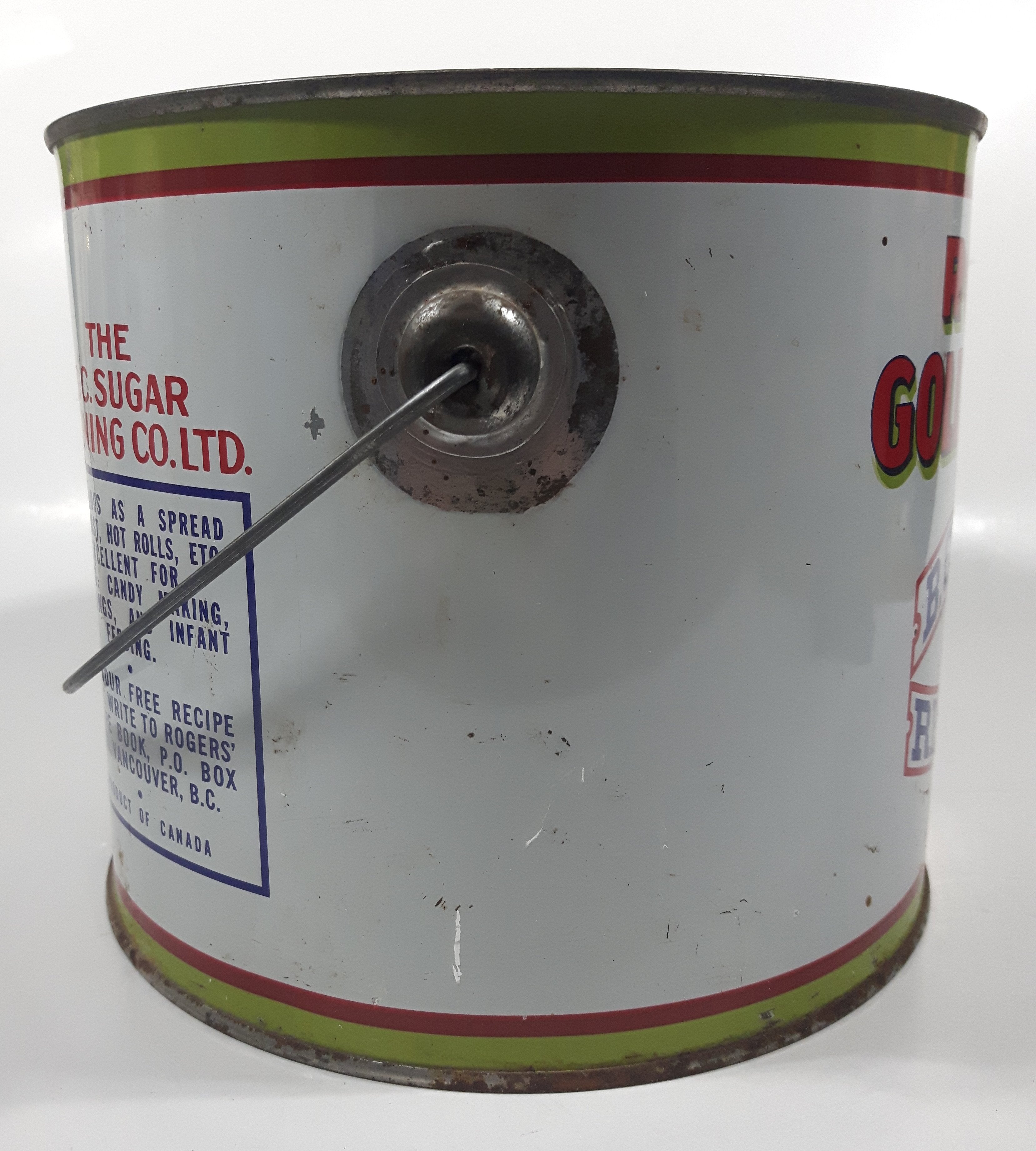 Vintage Rogers Syrup Golden Sugar Vancouver, B.C. Sugar Refinery 10lb Tin Metal Can Pail 8