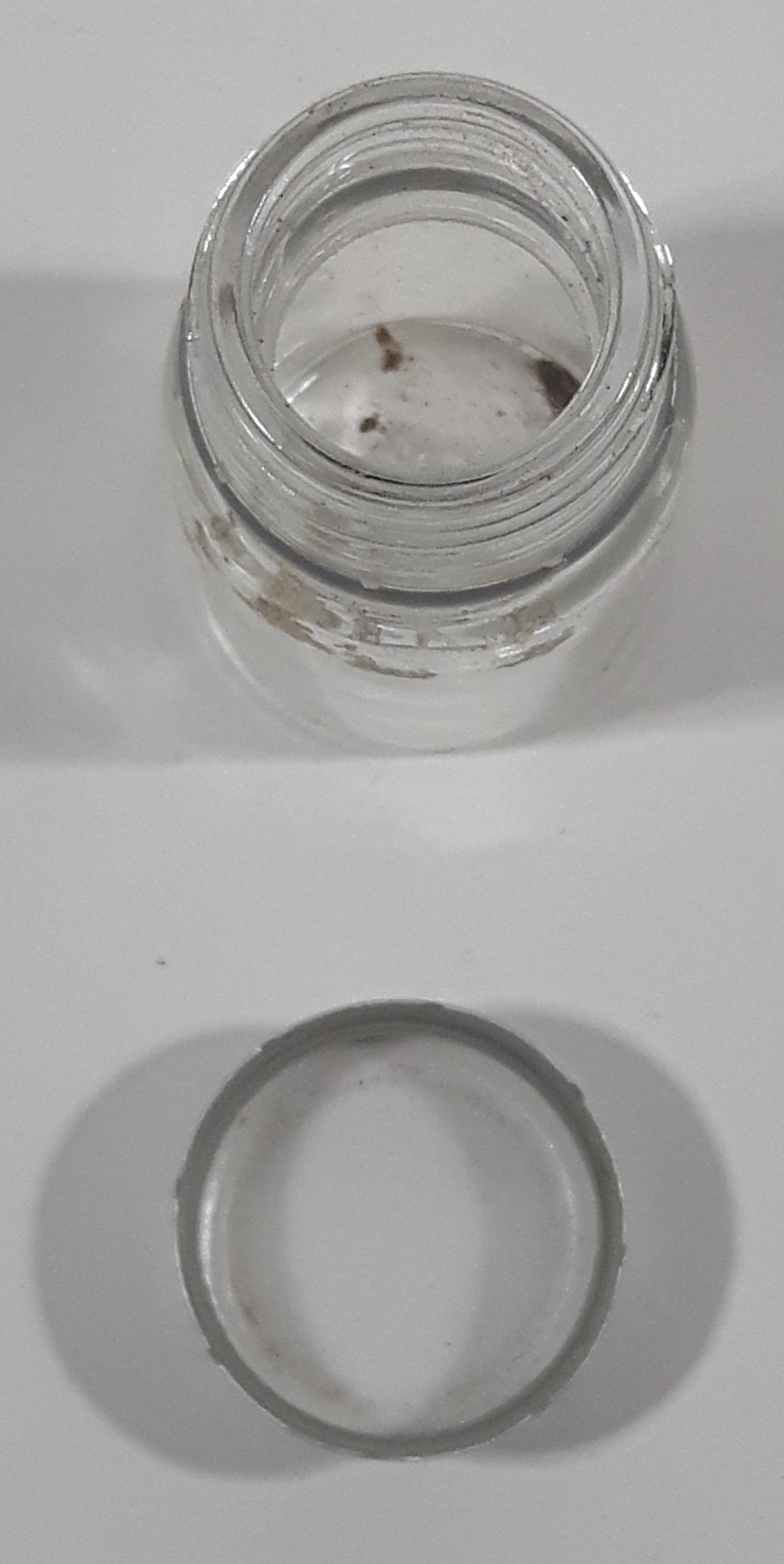 Vintage T-22 2 1/2" Tall Clear Glass Medicine Bottle with Metal Lid 5