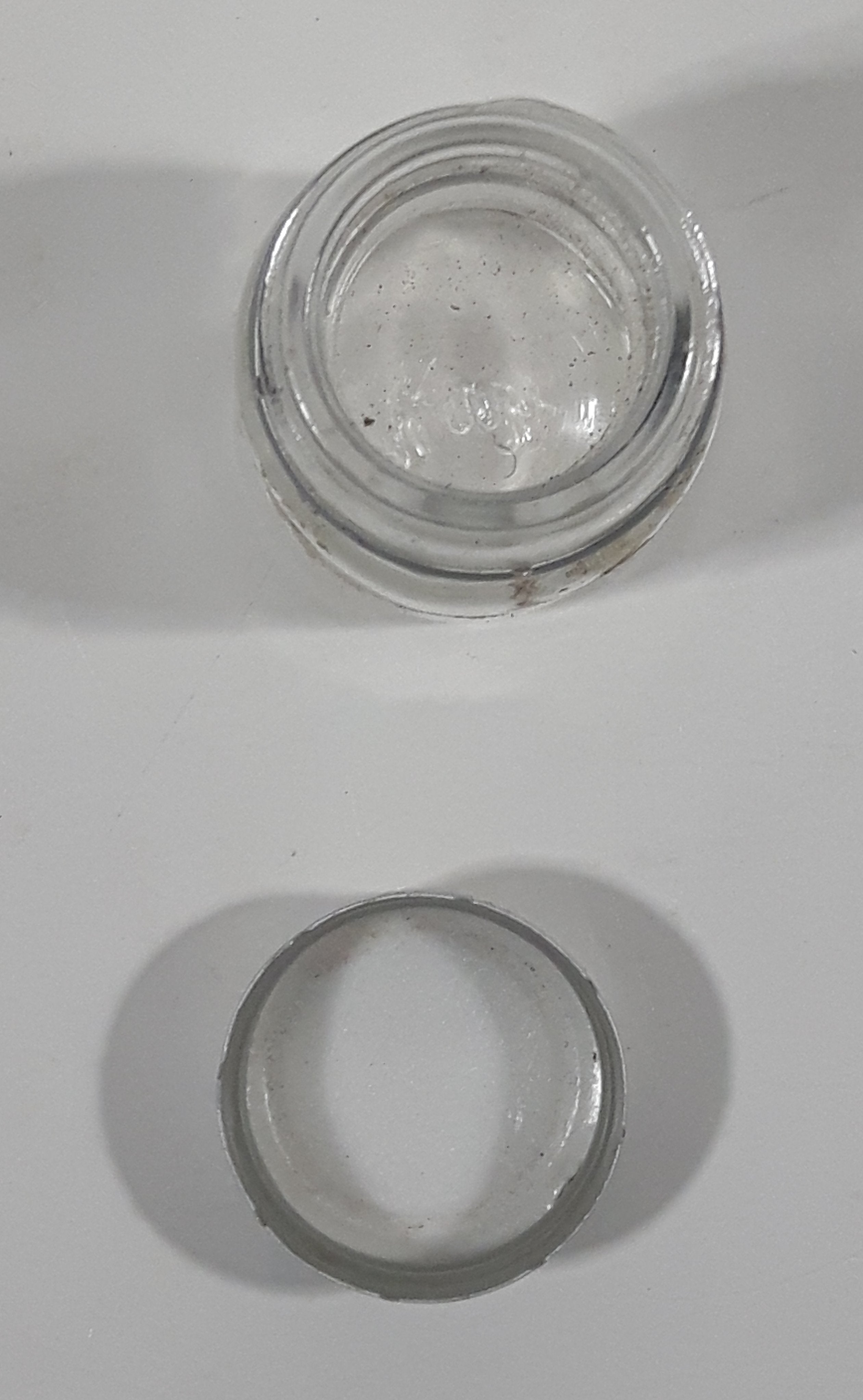 Vintage T-22 2 1/2" Tall Clear Glass Medicine Bottle with Metal Lid 7