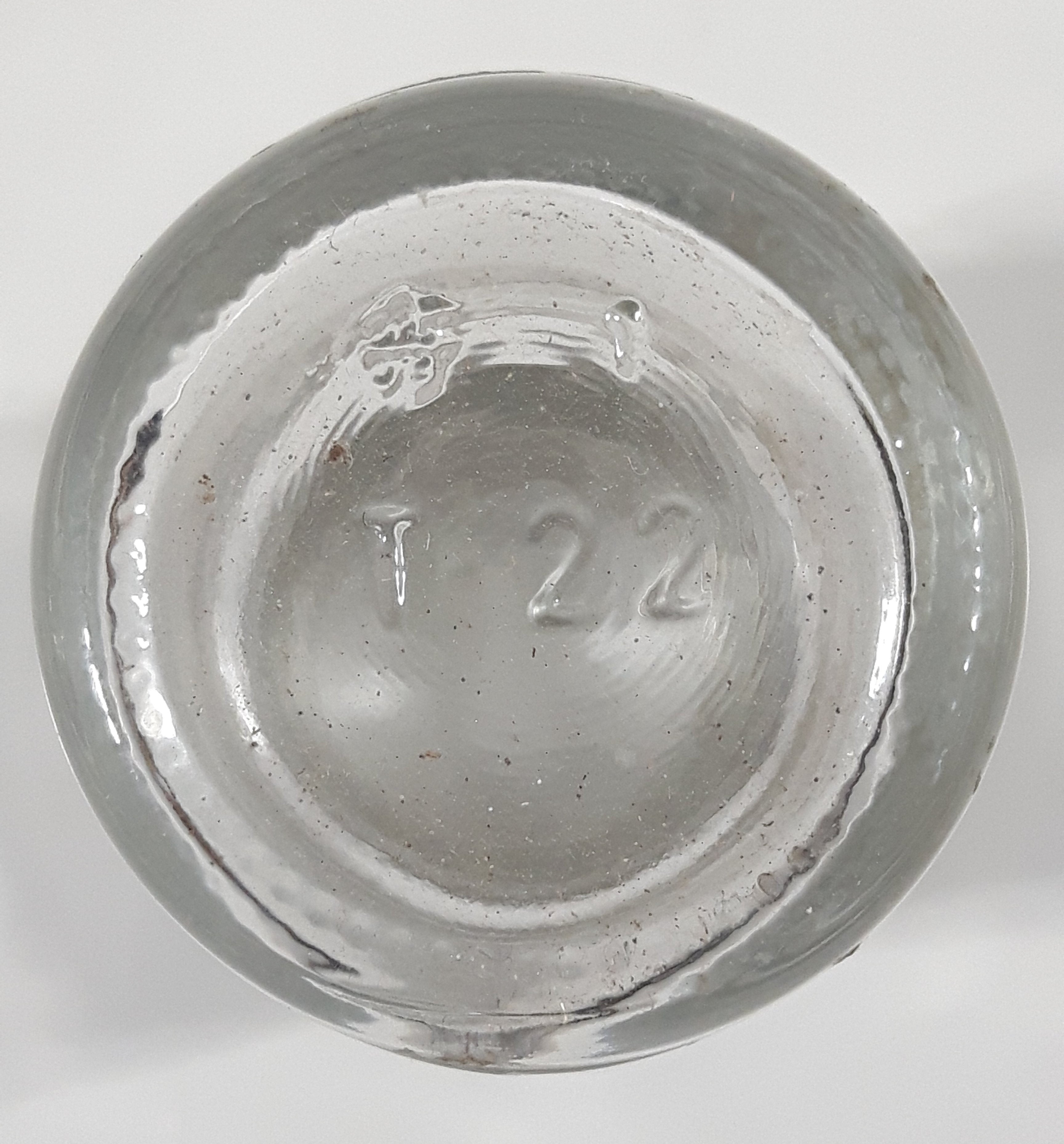 Vintage T-22 2 1/2" Tall Clear Glass Medicine Bottle with Metal Lid 8