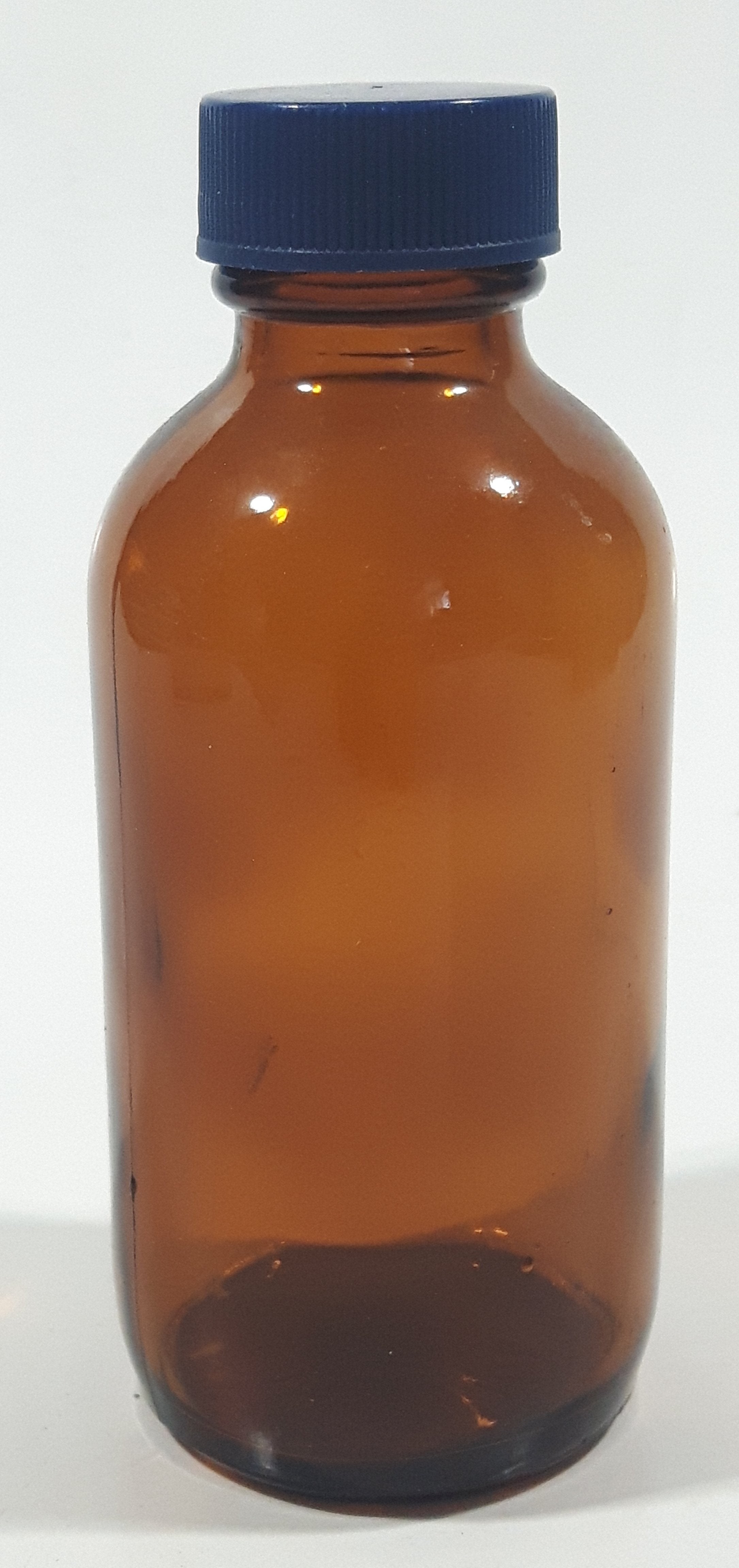Vintage 4 1/4" Tall 6003 Brown Amber Glass Medicine Bottle with Blue Plastic Lid 2