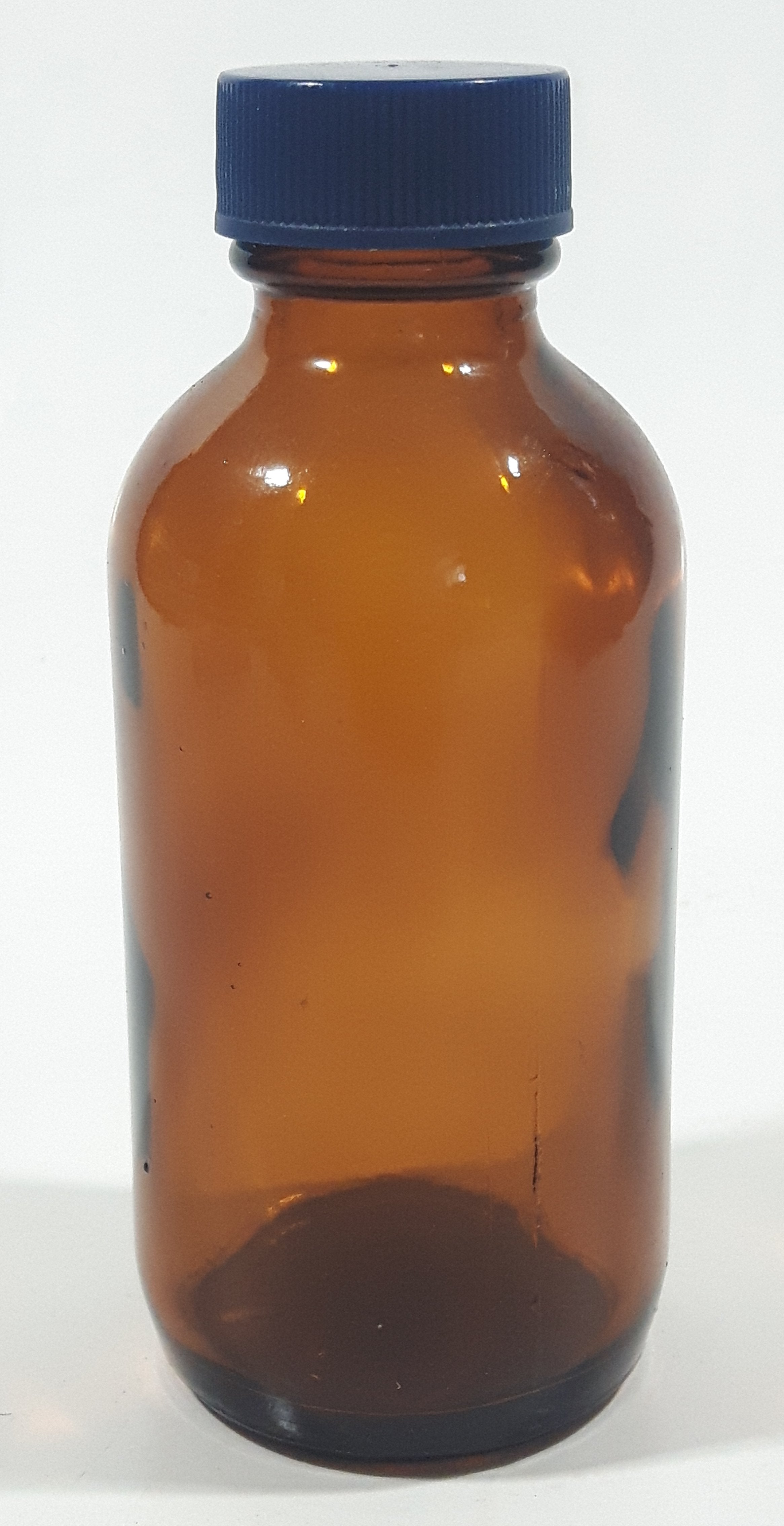 Vintage 4 1/4" Tall 6003 Brown Amber Glass Medicine Bottle with Blue Plastic Lid 3