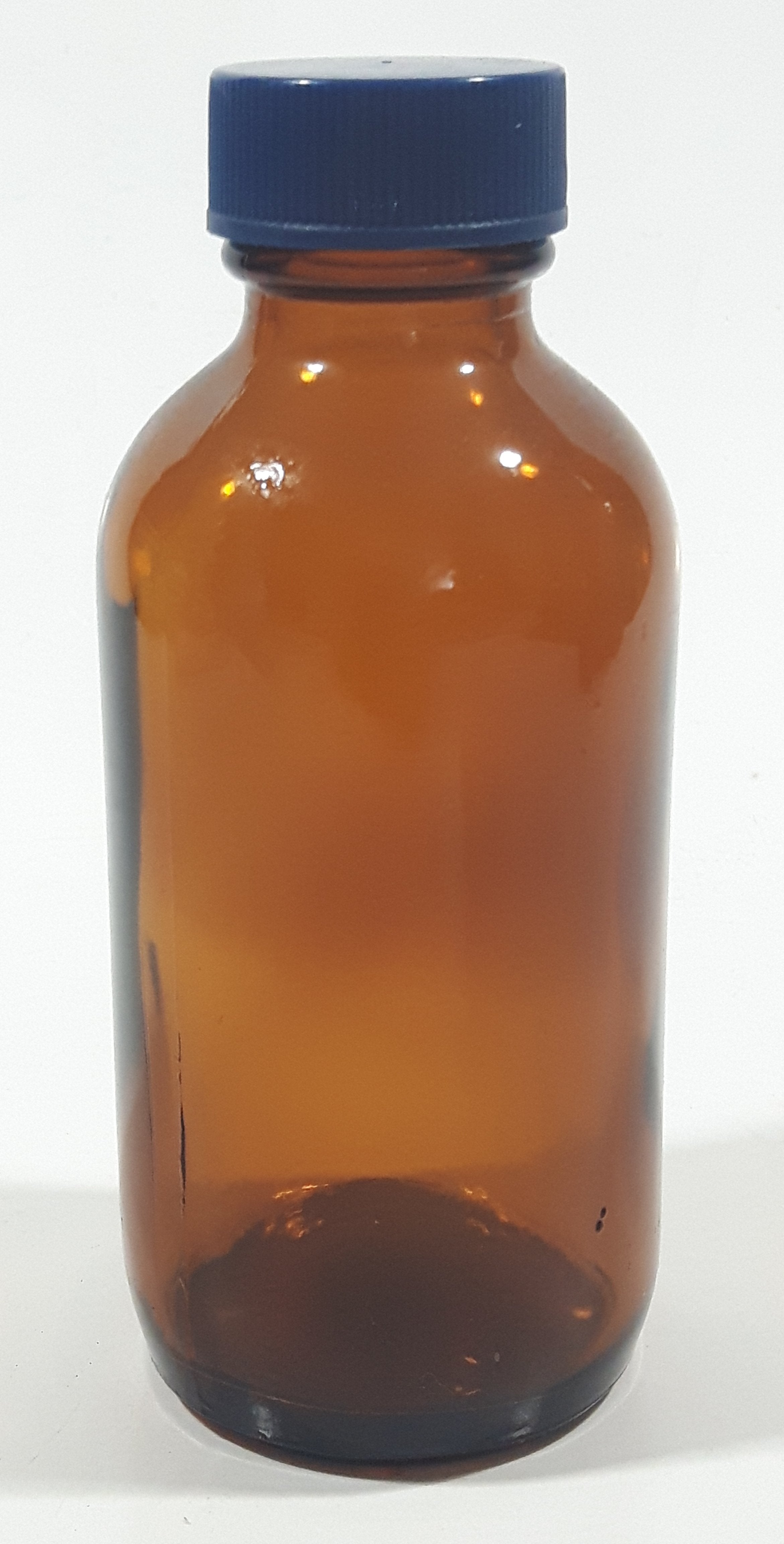 Vintage 4 1/4" Tall 6003 Brown Amber Glass Medicine Bottle with Blue Plastic Lid 4