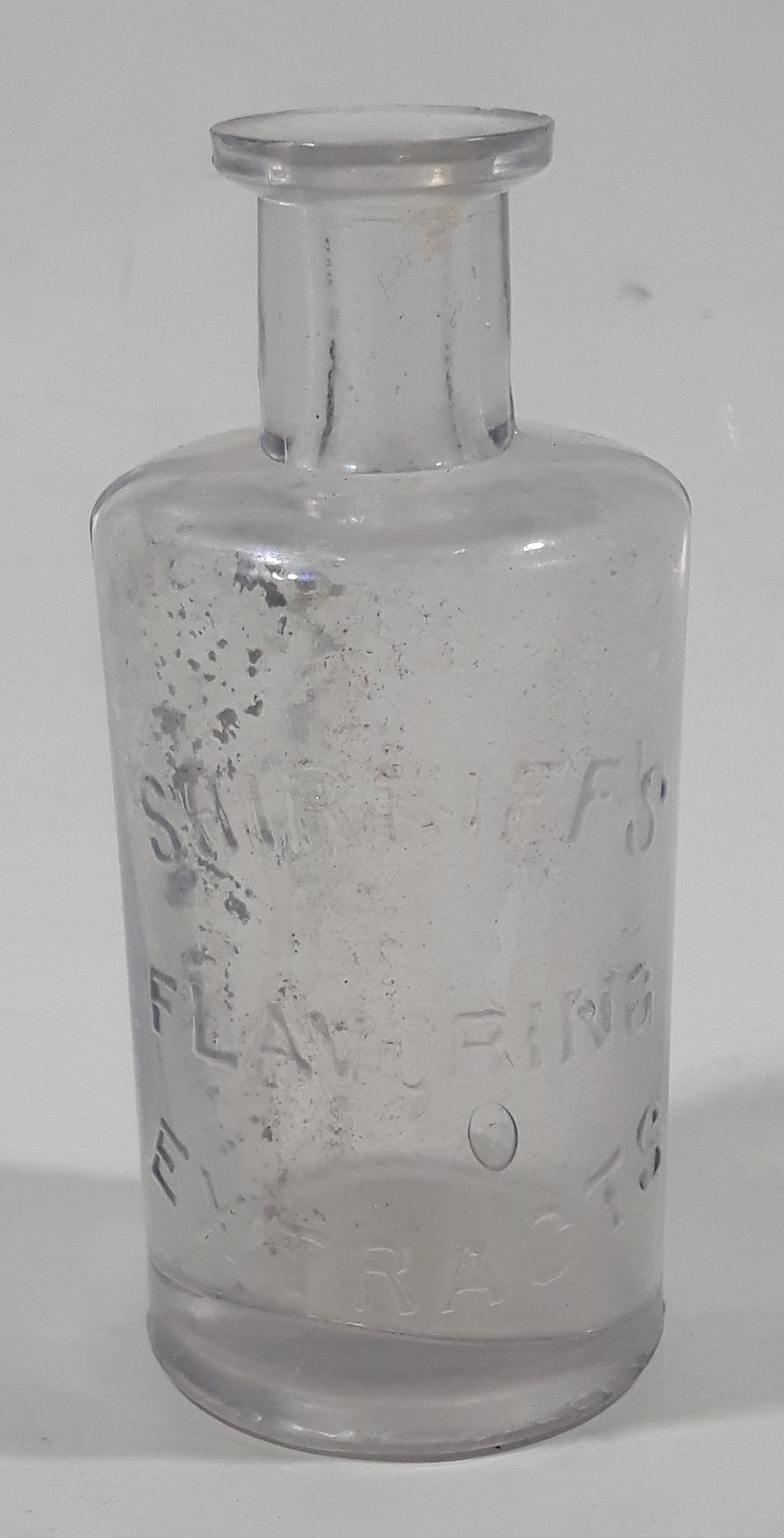 Rare Antique Late 1800s Shirriff's Flavoring Extract 3 7/8" Tall Embossed Lettering Cork Top Glass Bottle