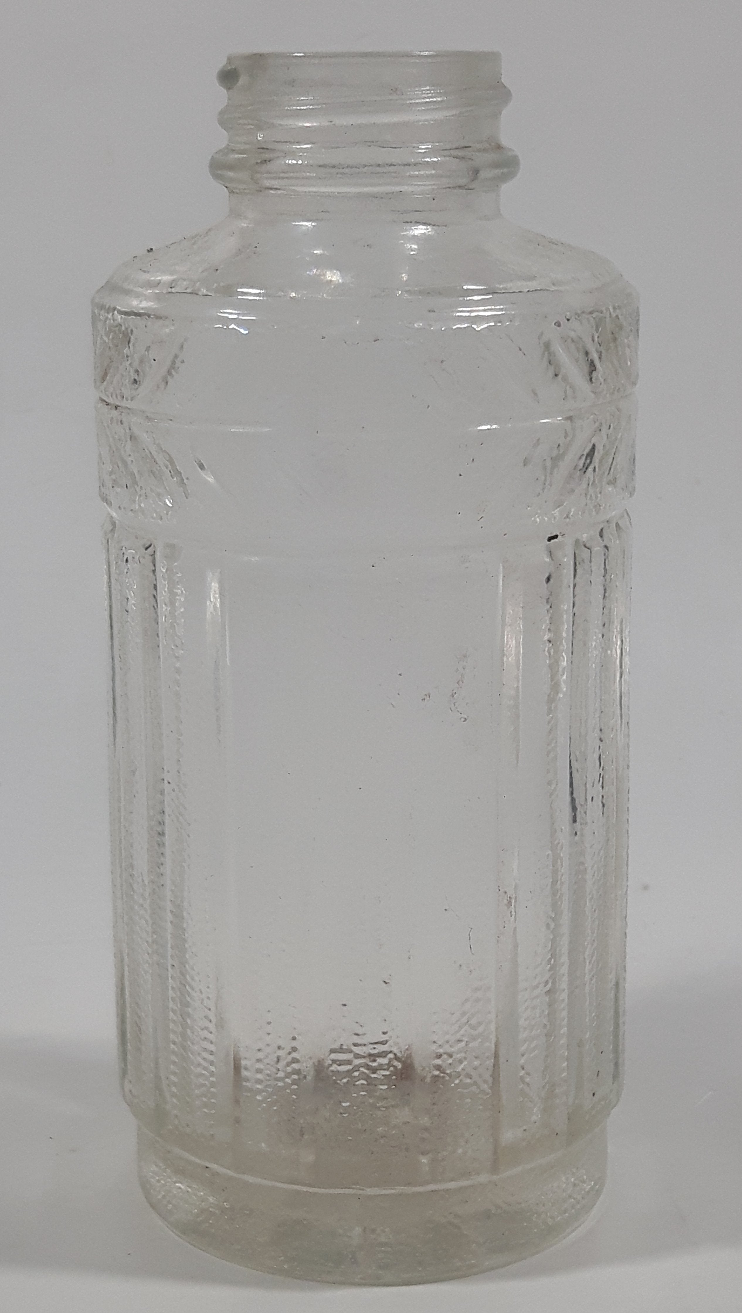 Antique Unique Flat Sided 5 1/4" Tall Embossed Glass Half Bottle 2