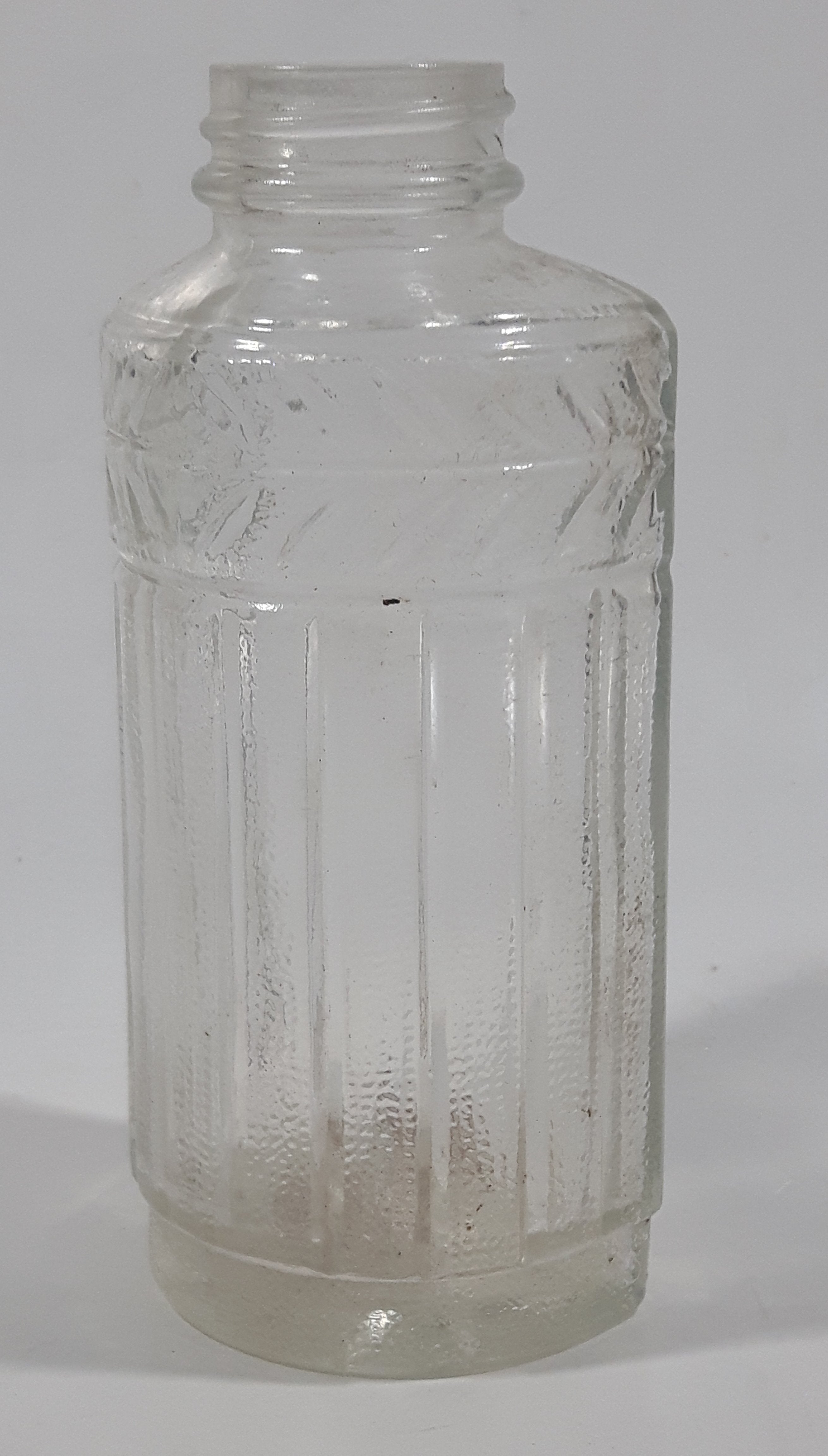 Antique Unique Flat Sided 5 1/4" Tall Embossed Glass Half Bottle 3