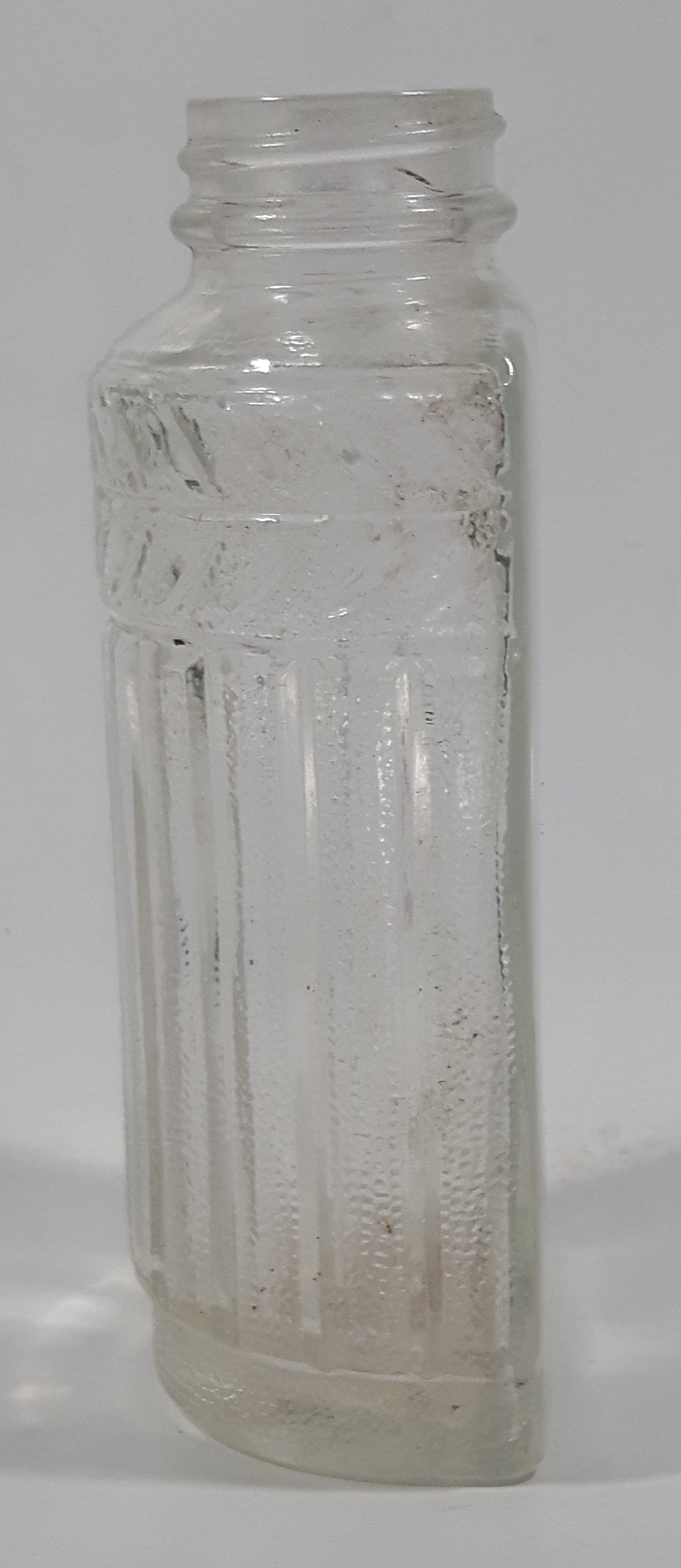Antique Unique Flat Sided 5 1/4" Tall Embossed Glass Half Bottle 4