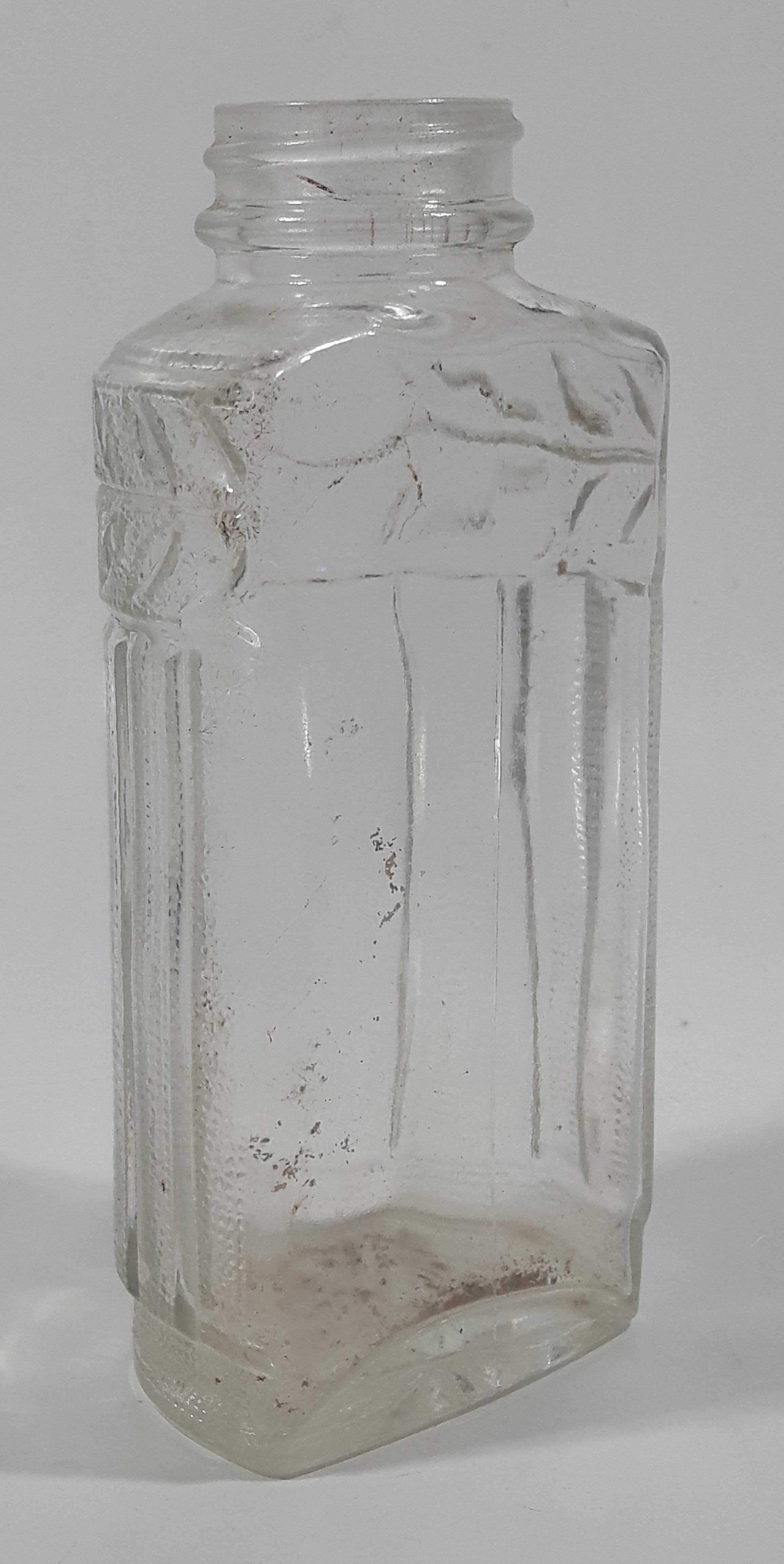 Antique Unique Flat Sided 5 1/4" Tall Embossed Glass Half Bottle 5