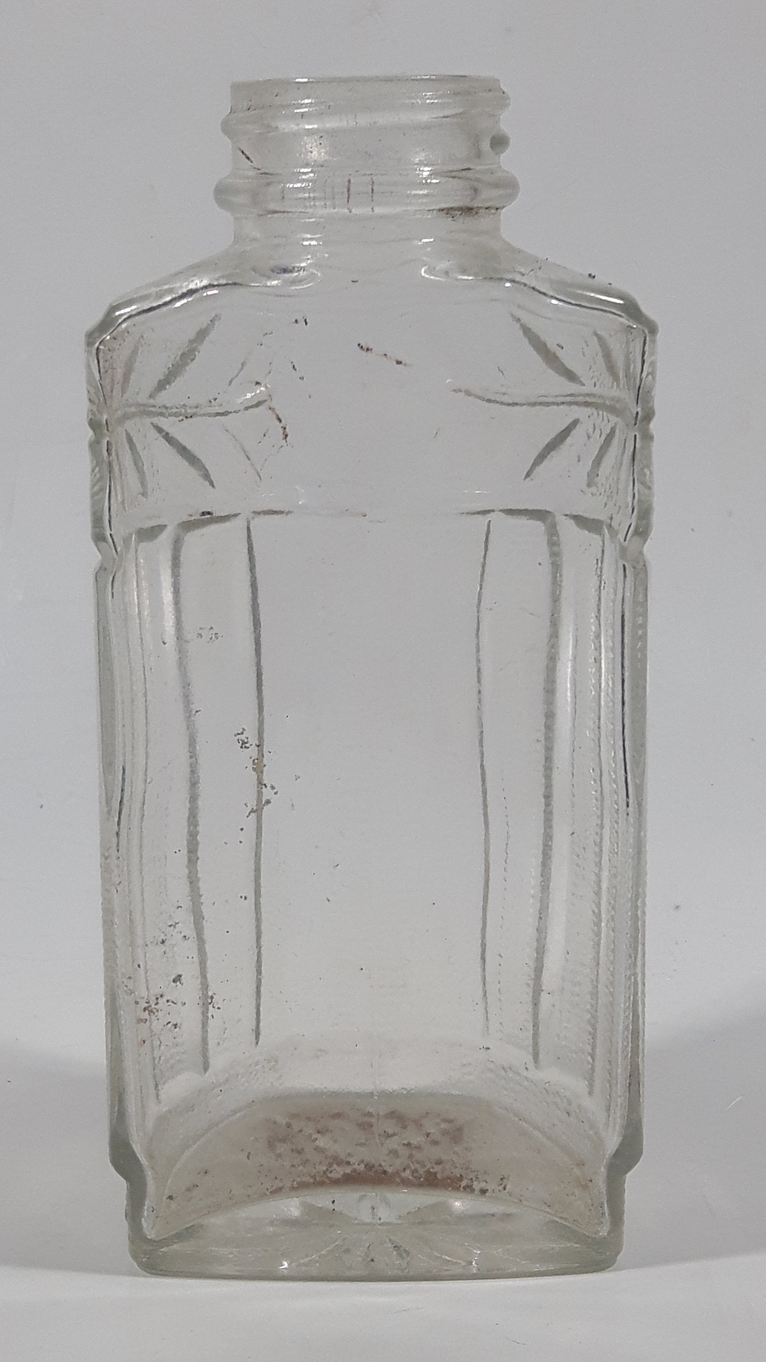 Antique Unique Flat Sided 5 1/4" Tall Embossed Glass Half Bottle 6