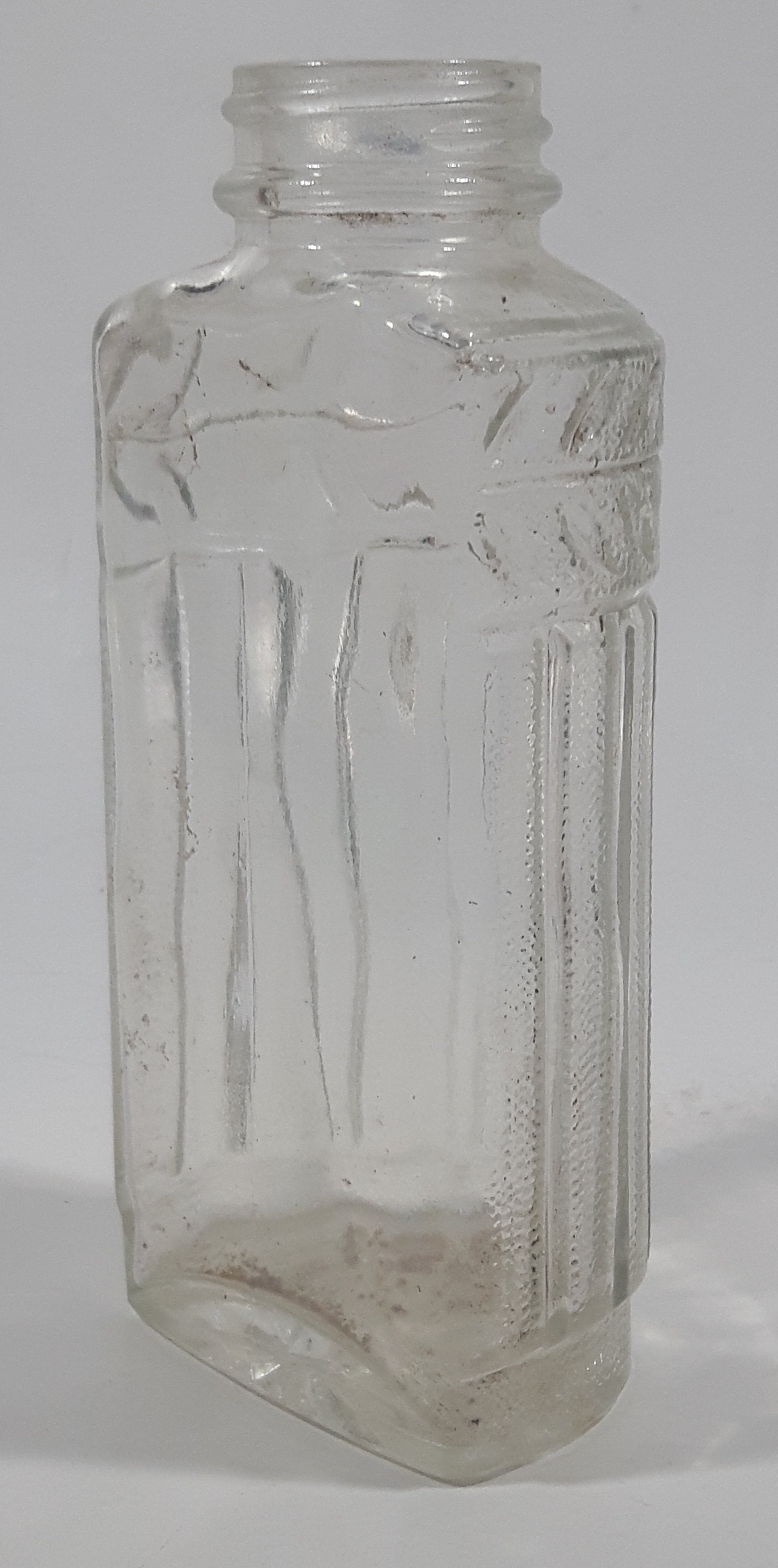 Antique Unique Flat Sided 5 1/4" Tall Embossed Glass Half Bottle 7