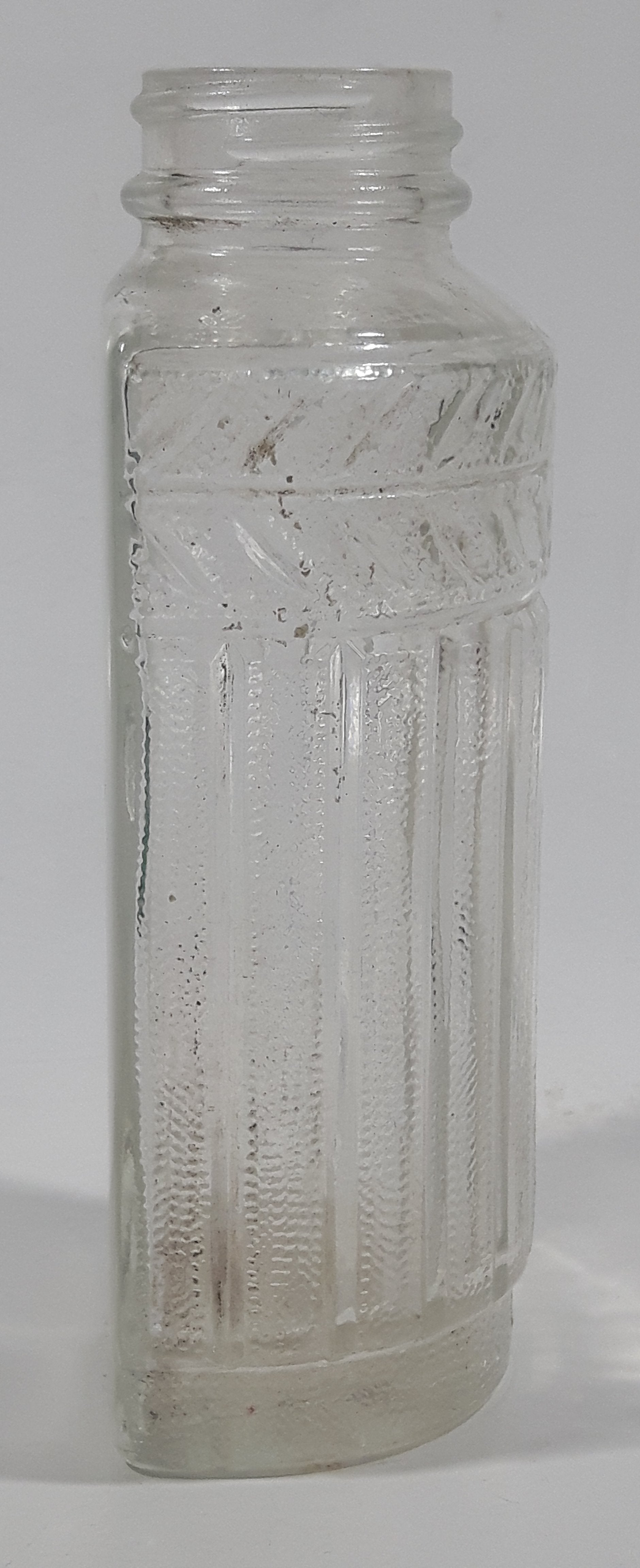 Antique Unique Flat Sided 5 1/4" Tall Embossed Glass Half Bottle 8