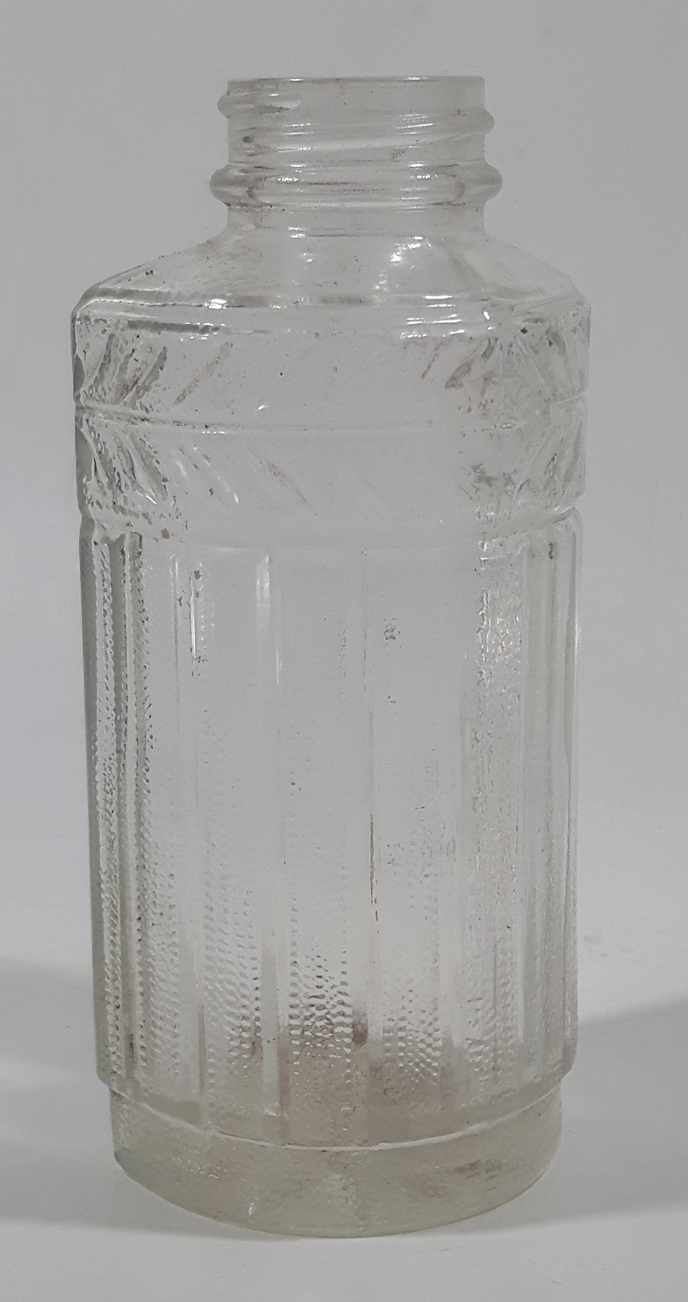 Antique Unique Flat Sided 5 1/4" Tall Embossed Glass Half Bottle 9