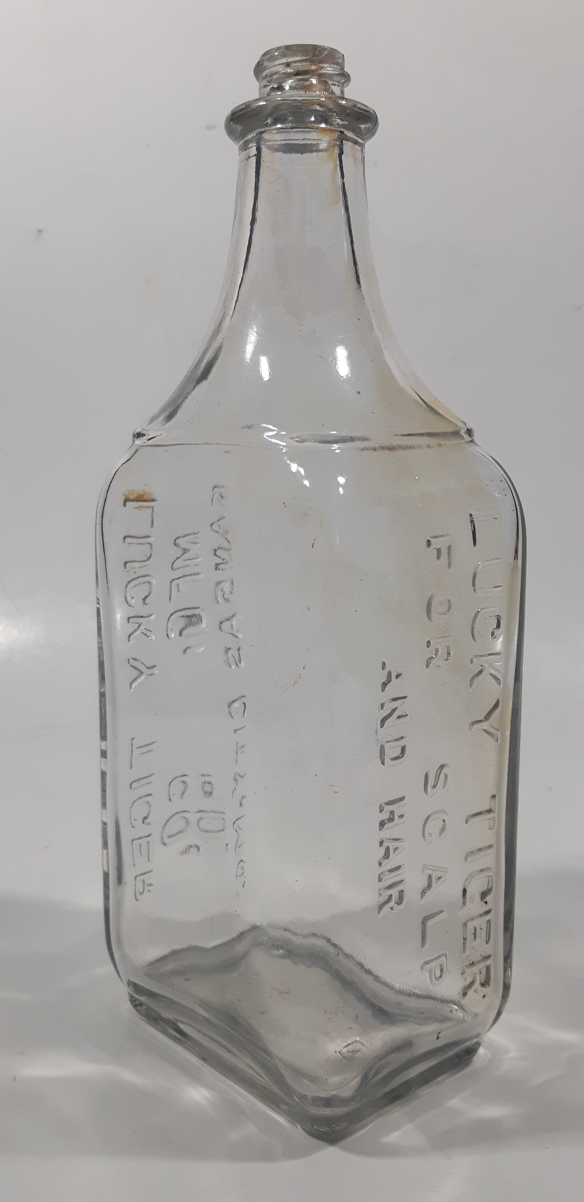Antique Lucky Tiger Mfg. Co. Kansas City, Mo. For Scalp And Hair 7 1/2" Tall Embossed Lettering Glass Tonic Bottle 2