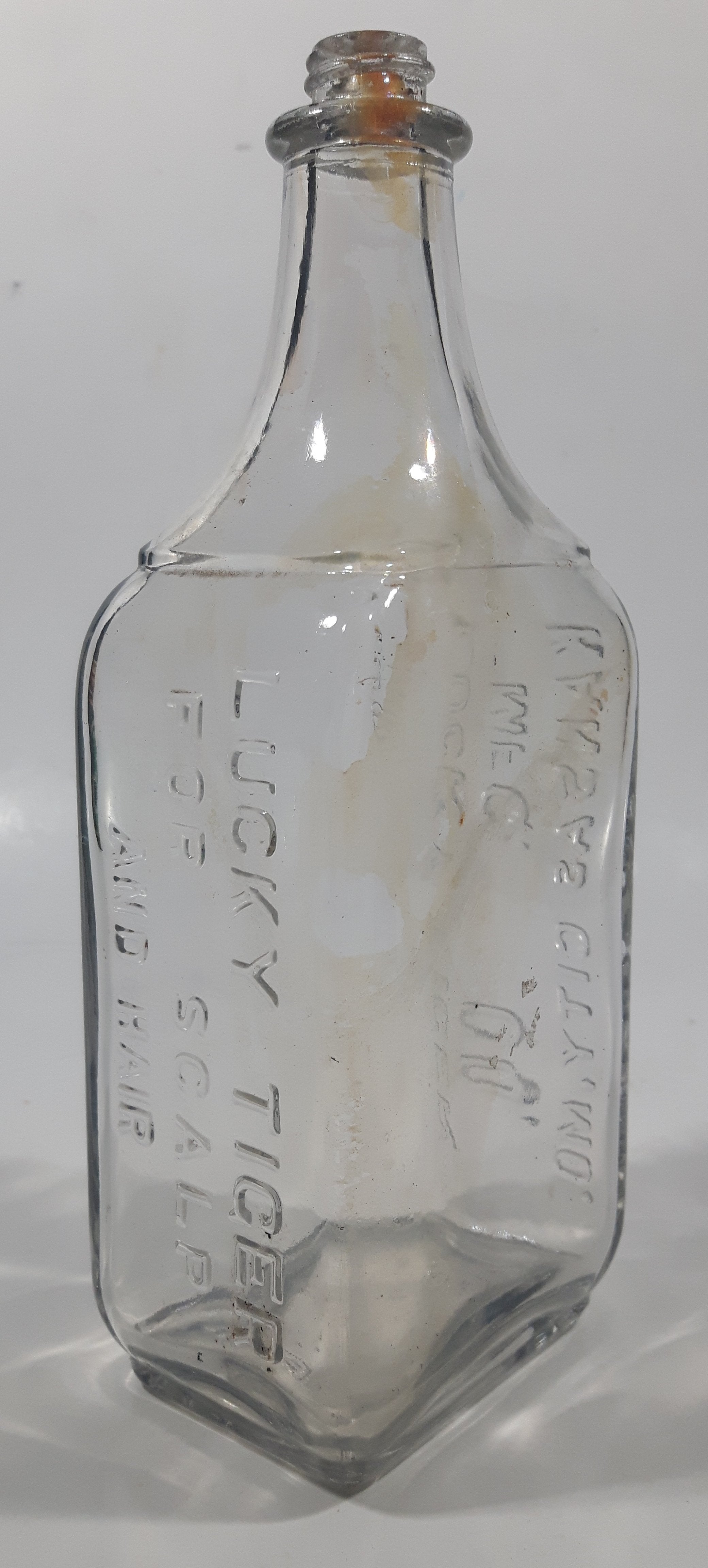 Antique Lucky Tiger Mfg. Co. Kansas City, Mo. For Scalp And Hair 7 1/2" Tall Embossed Lettering Glass Tonic Bottle 4