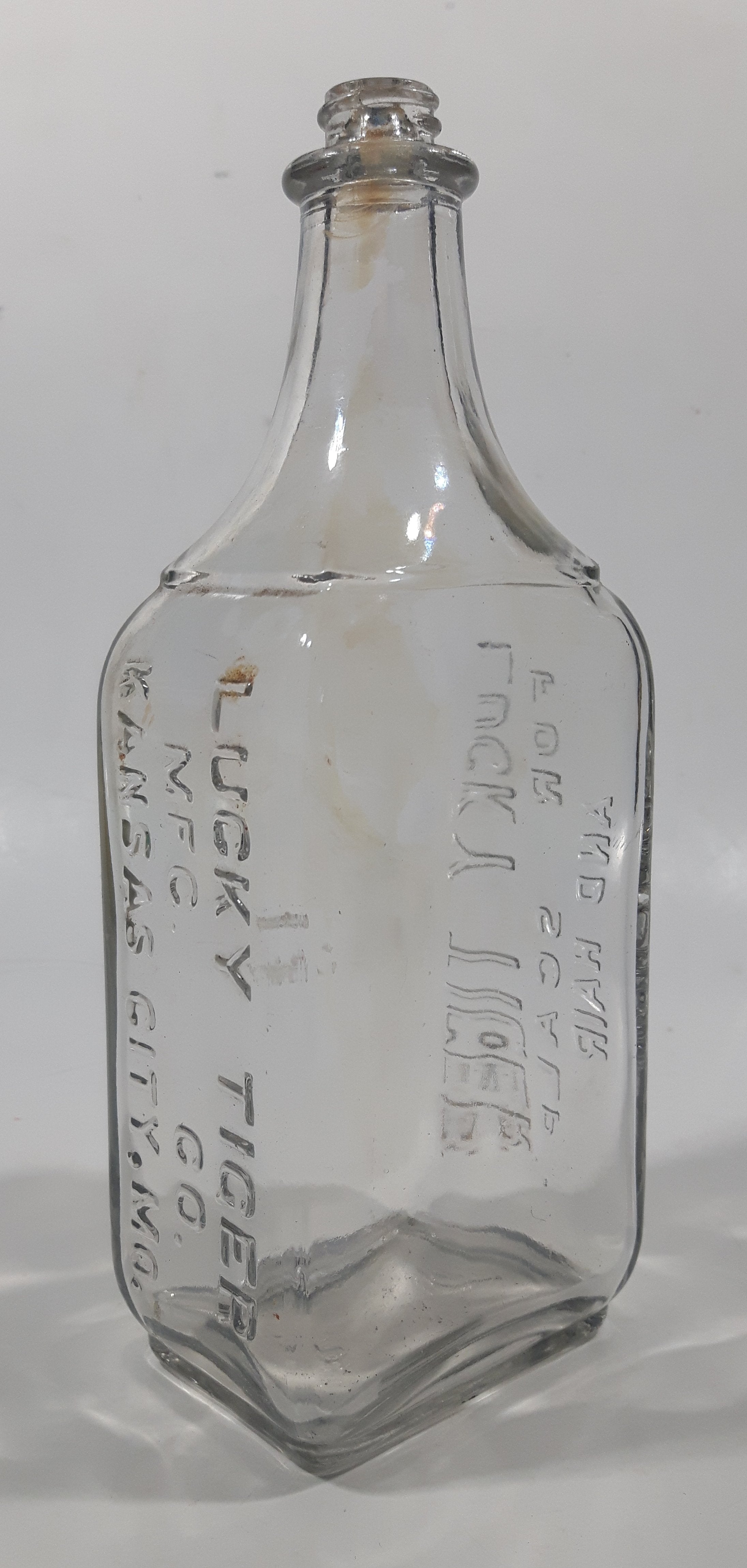 Antique Lucky Tiger Mfg. Co. Kansas City, Mo. For Scalp And Hair 7 1/2" Tall Embossed Lettering Glass Tonic Bottle 8