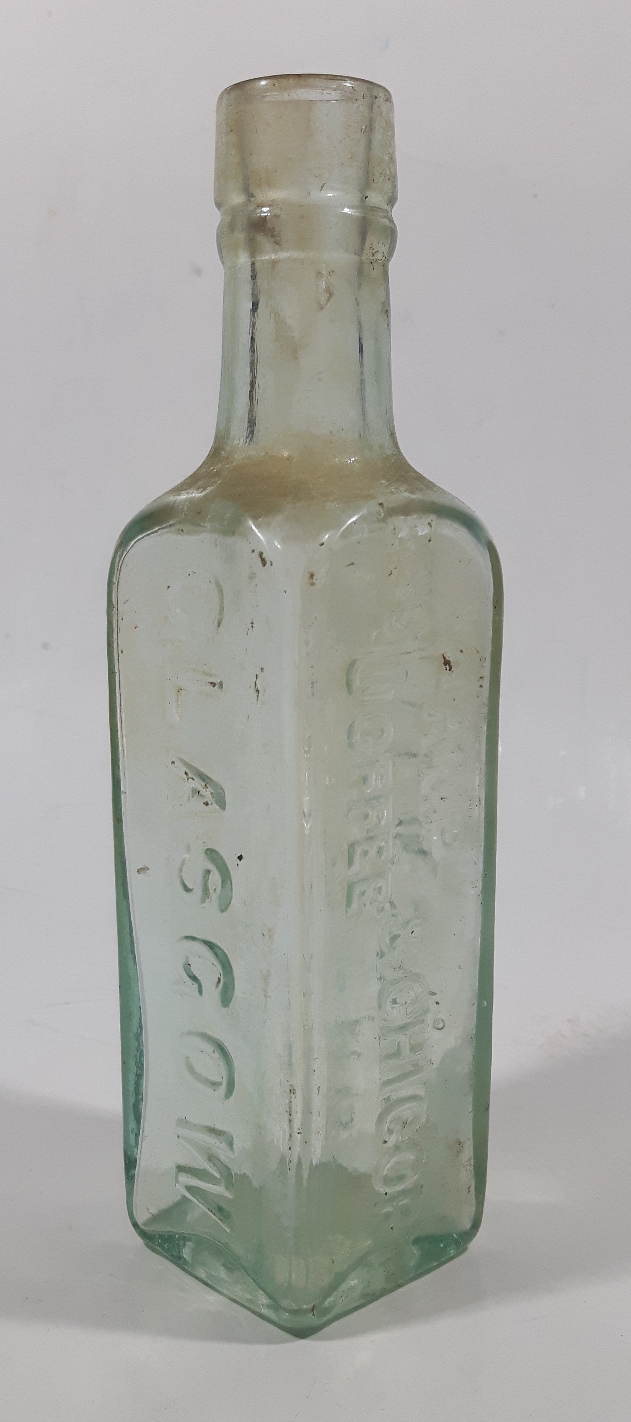 Antique 1880s Paterson's Glasgow Camp Coffee & Chicor 6 5/8" Tall Embossed Lettering Aqua Glass Bottle 2