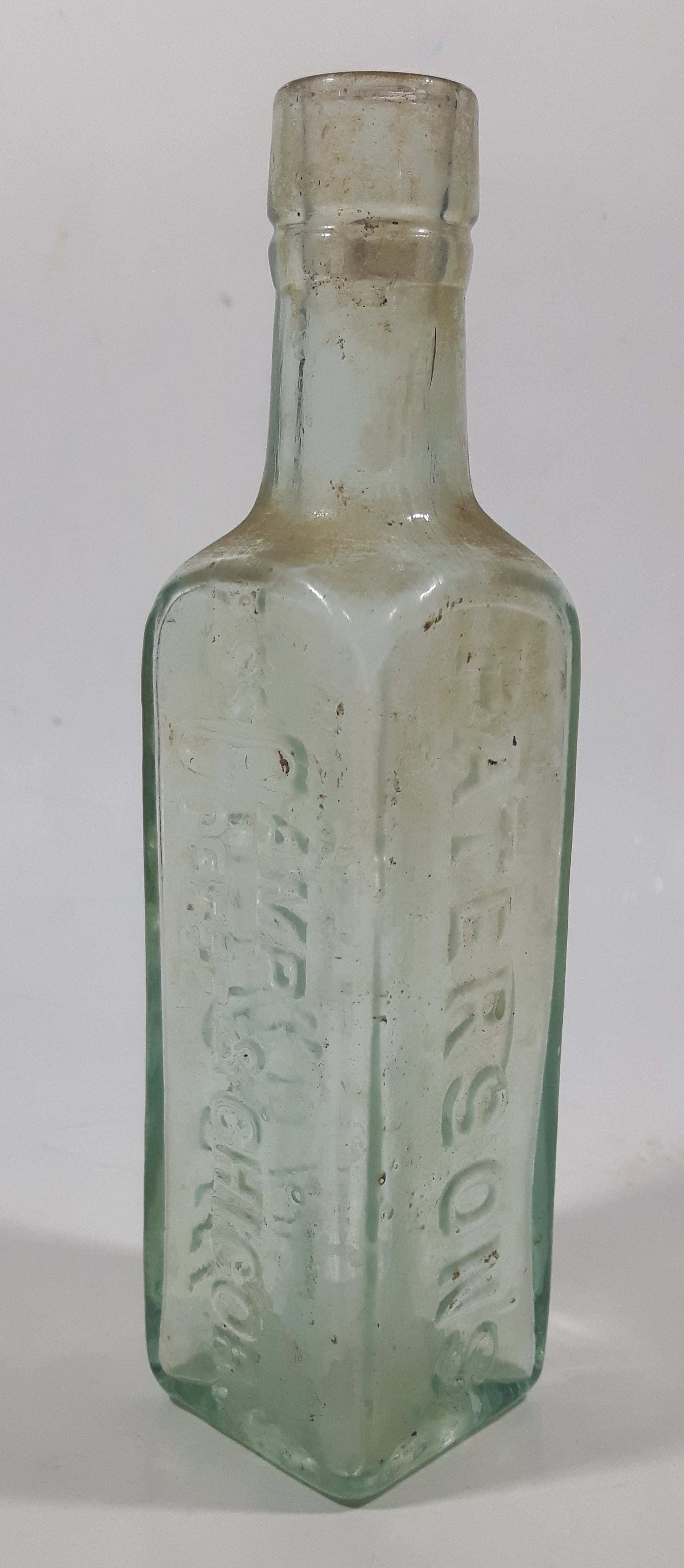 Antique 1880s Paterson's Glasgow Camp Coffee & Chicor 6 5/8" Tall Embossed Lettering Aqua Glass Bottle 4