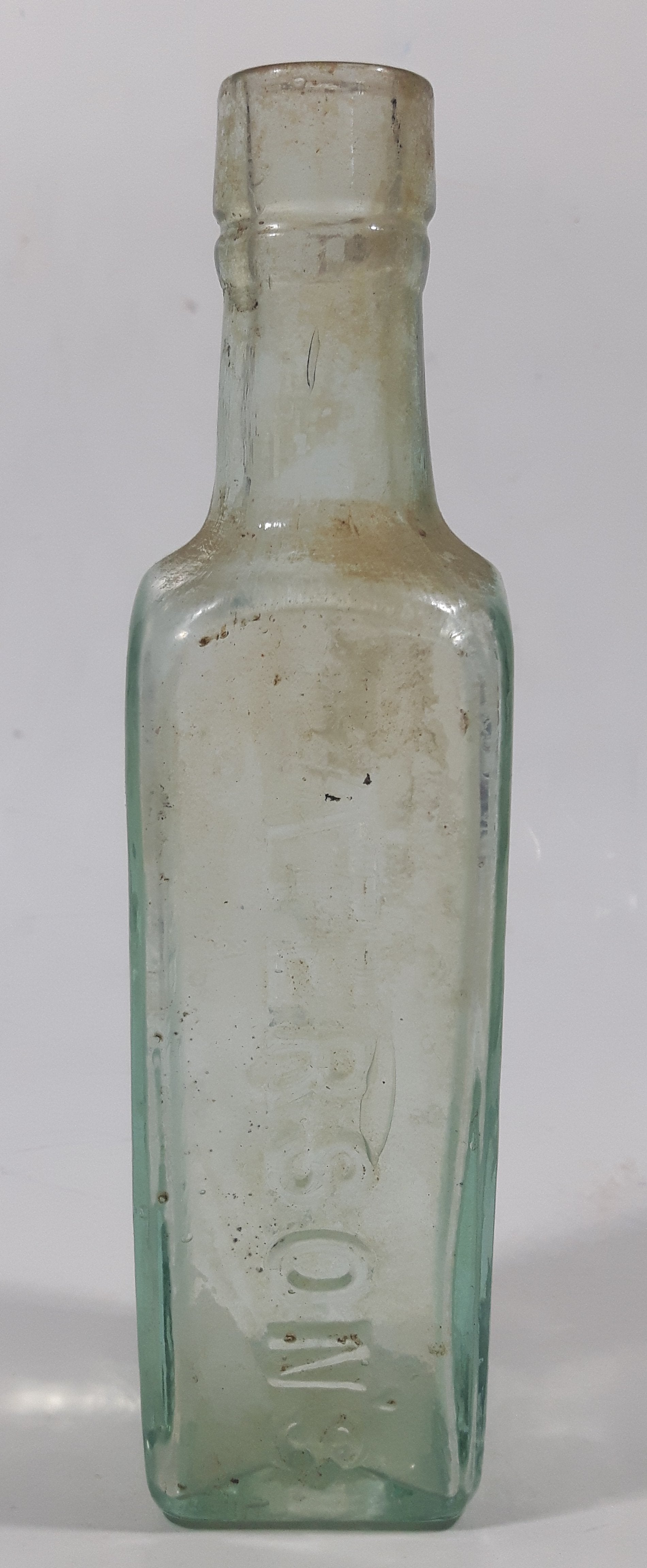 Antique 1880s Paterson's Glasgow Camp Coffee & Chicor 6 5/8" Tall Embossed Lettering Aqua Glass Bottle 5
