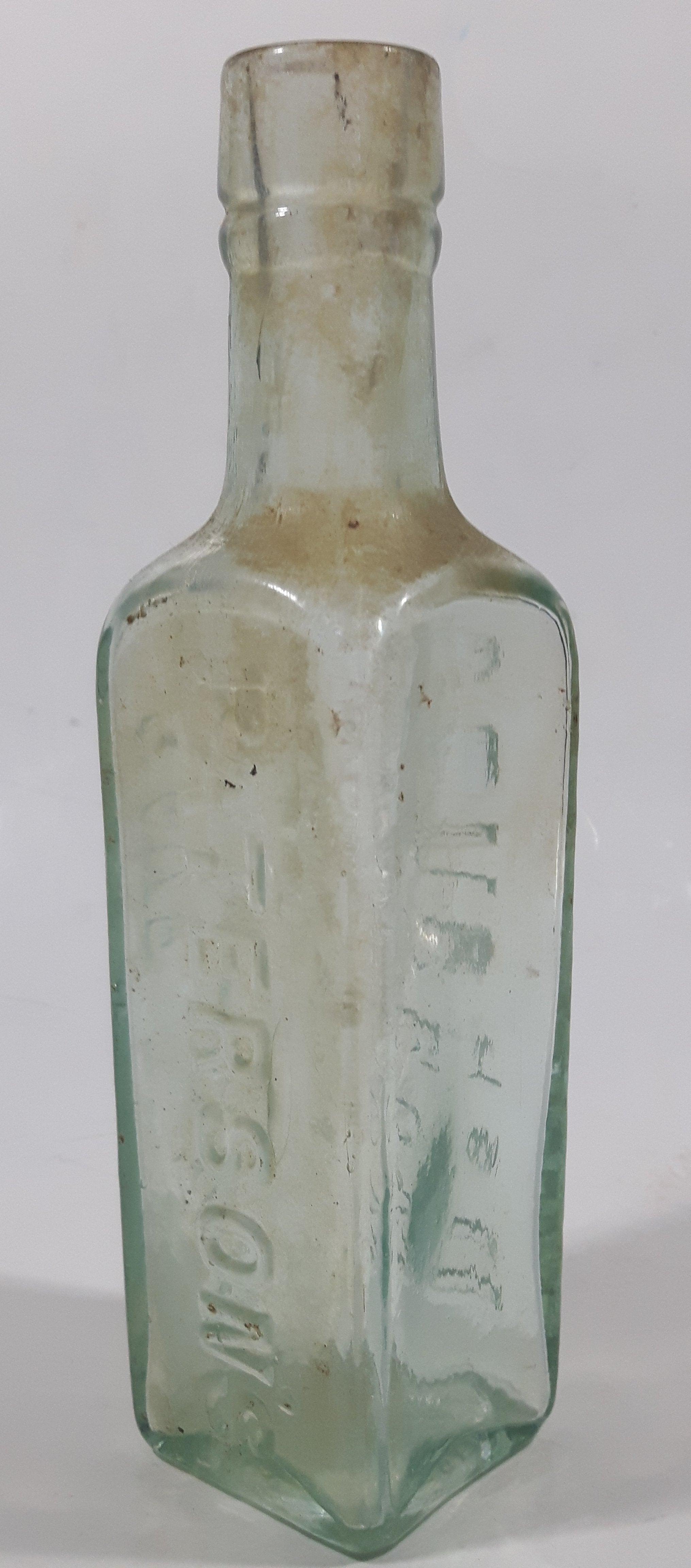 Antique 1880s Paterson's Glasgow Camp Coffee & Chicor 6 5/8" Tall Embossed Lettering Aqua Glass Bottle 6