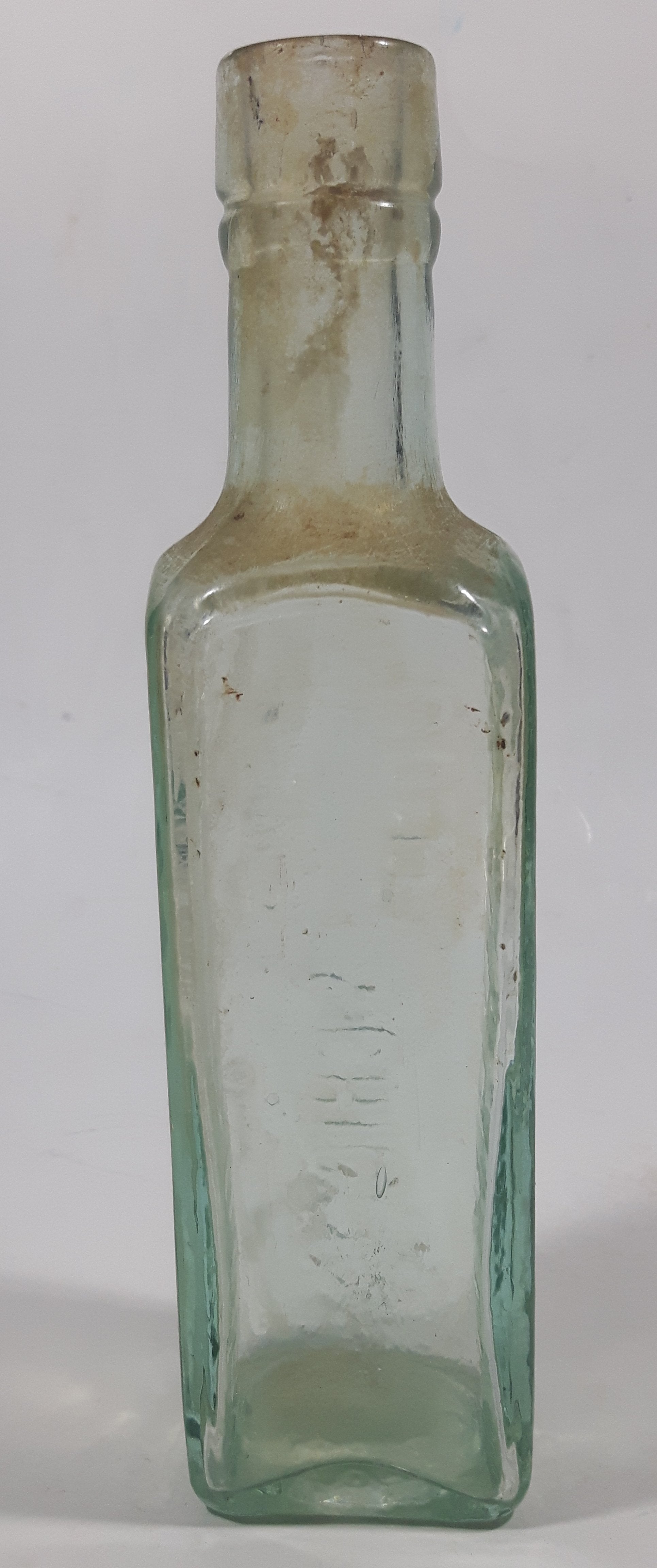 Antique 1880s Paterson's Glasgow Camp Coffee & Chicor 6 5/8" Tall Embossed Lettering Aqua Glass Bottle 7