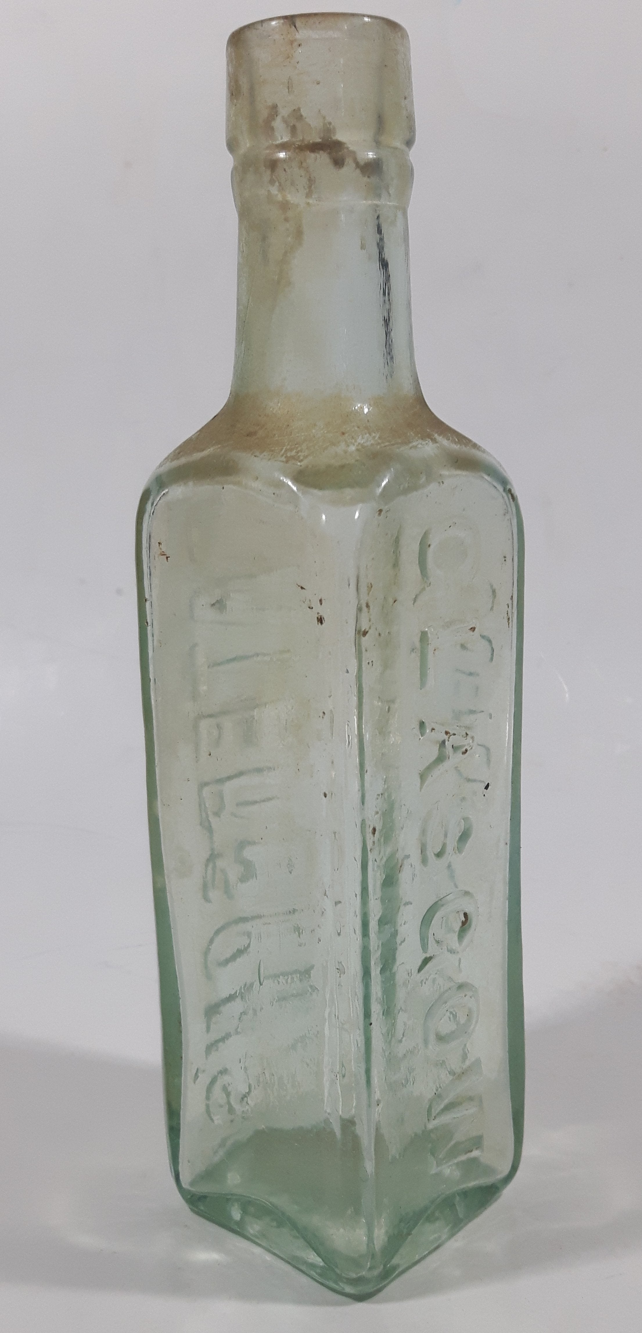 Antique 1880s Paterson's Glasgow Camp Coffee & Chicor 6 5/8" Tall Embossed Lettering Aqua Glass Bottle 8