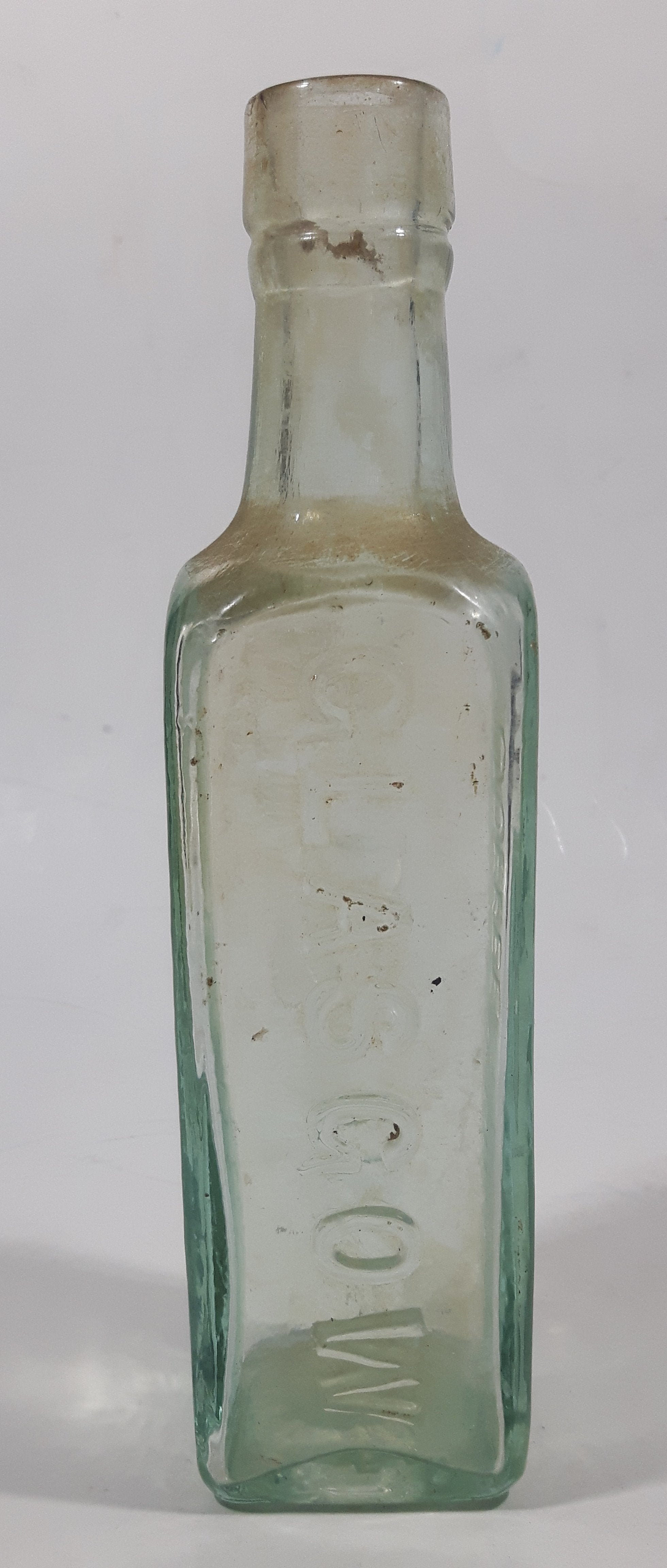 Antique 1880s Paterson's Glasgow Camp Coffee & Chicor 6 5/8" Tall Embossed Lettering Aqua Glass Bottle 9